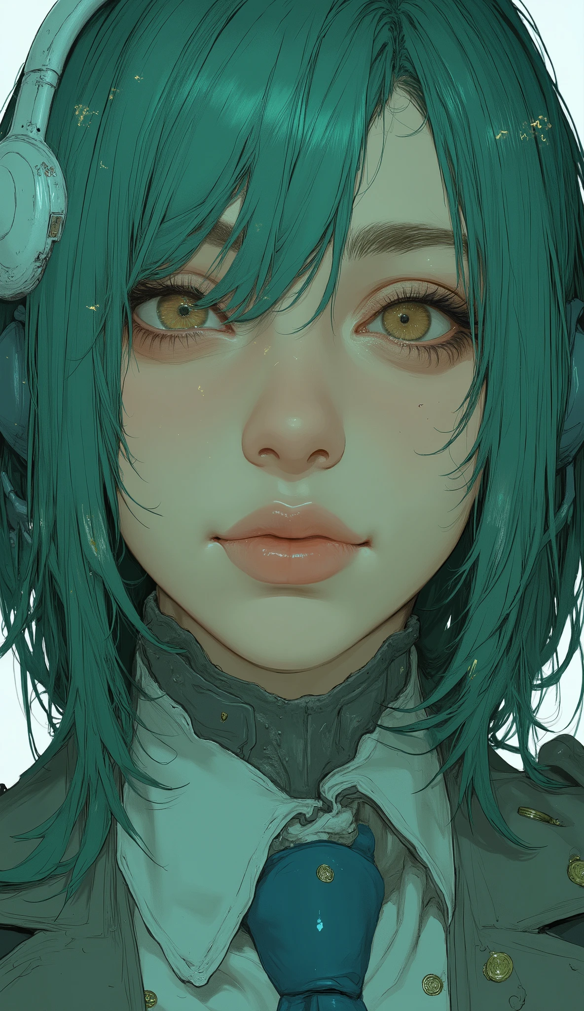 There is a woman with long green hair and a blue tie, Hatsune Miku cosplay, Hatsune Miku, portrait of Hatsune Miku, miku, Mikudayo, Hatsune Miku portrait, anime girl cosplay, Hatsune Miku in warhammer 40k, Hatsune Miku short hair, vocaloid, Hatsune Miku face, anime cosplay, cosplay, cosplay photo、A bold gothic Alfbet and numbers randomly float in front of her、