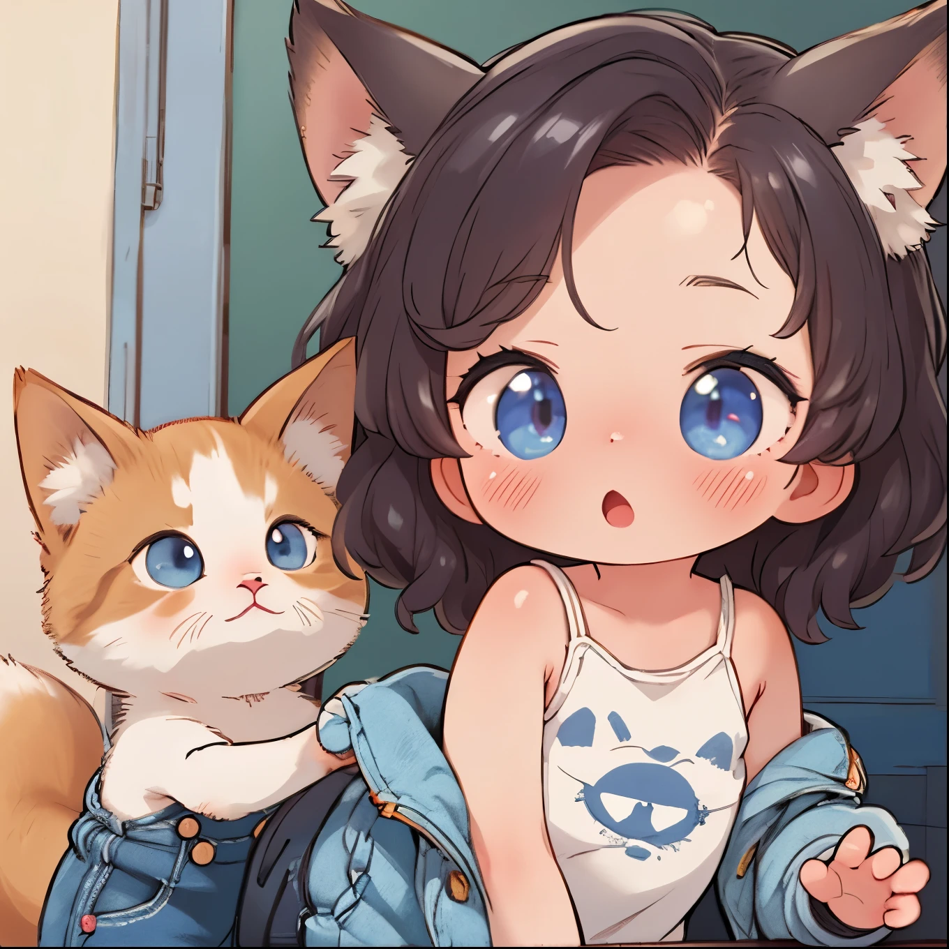 Highest Quality:1.2、masterpiece、super high resolution on a pile，８ｋ，score_9, score_8_up, source_anime, nsfw，uncensored，animeスタイル，Young Little Girl, adults are not allowed, furry, skinny，Short Height，infant figure，bob cut，furry fighter，tail，Animal Ears，denim short skirt，Tank Top，denim jacket，Kyoani Style，Shiba Inu base，dynamic pose，Fisheye Lens，sparkling，depth of subject， 