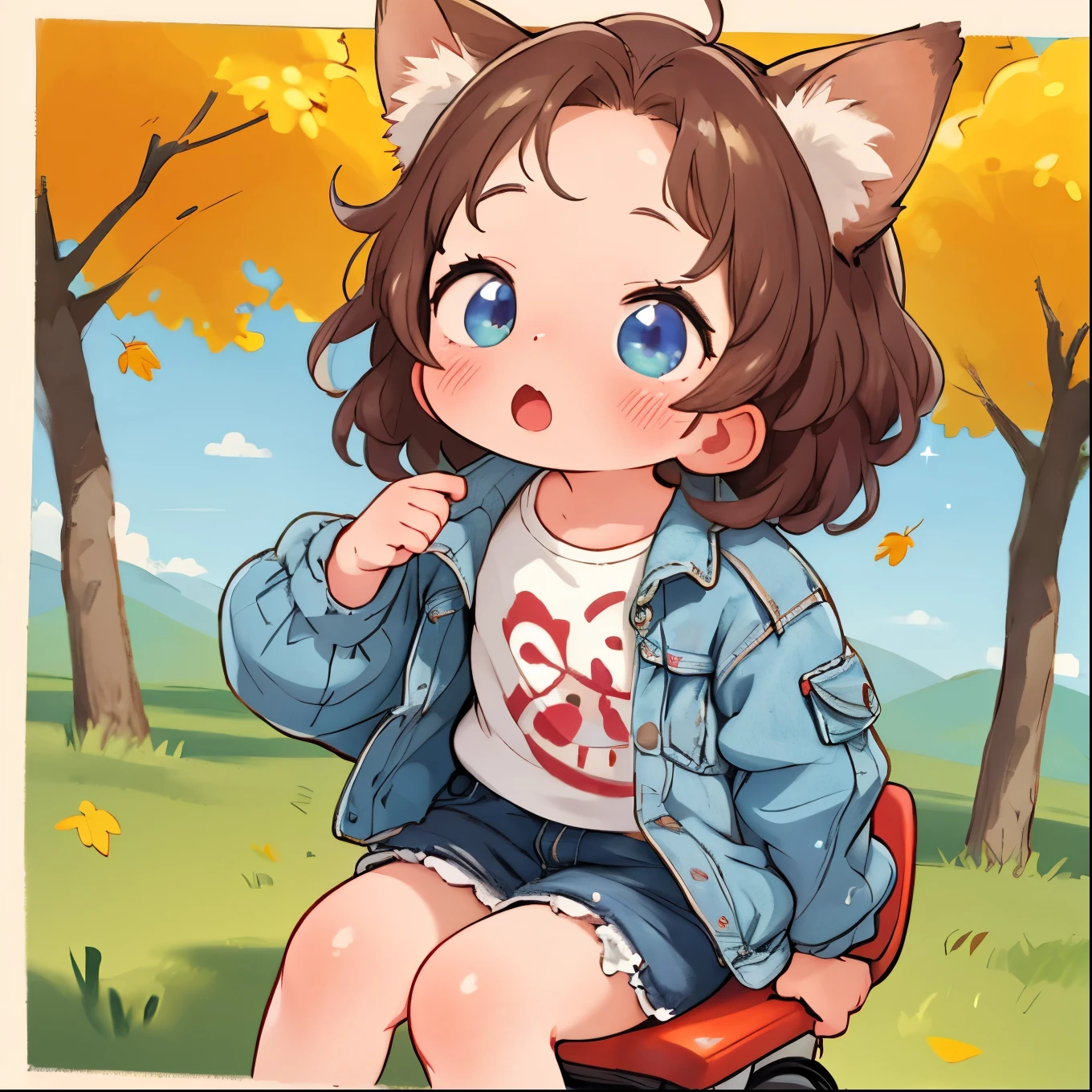 Highest Quality:1.2、masterpiece、super high resolution on a pile,8k,score_9, score_8_up, source_anime, nsfw,uncensored,animeスタイル,Young Little Girl, adults are not allowed, skinny,Short Height,infant figure,bob cut,tail,Animal Ears, autumn park,autumn leaves,ride a small bike,denim short skirt,Tank Top,denim jacket,Kyoani Style,Shiba Inu base,dynamic pose,Fisheye Lens,sparkling,depth of subject,