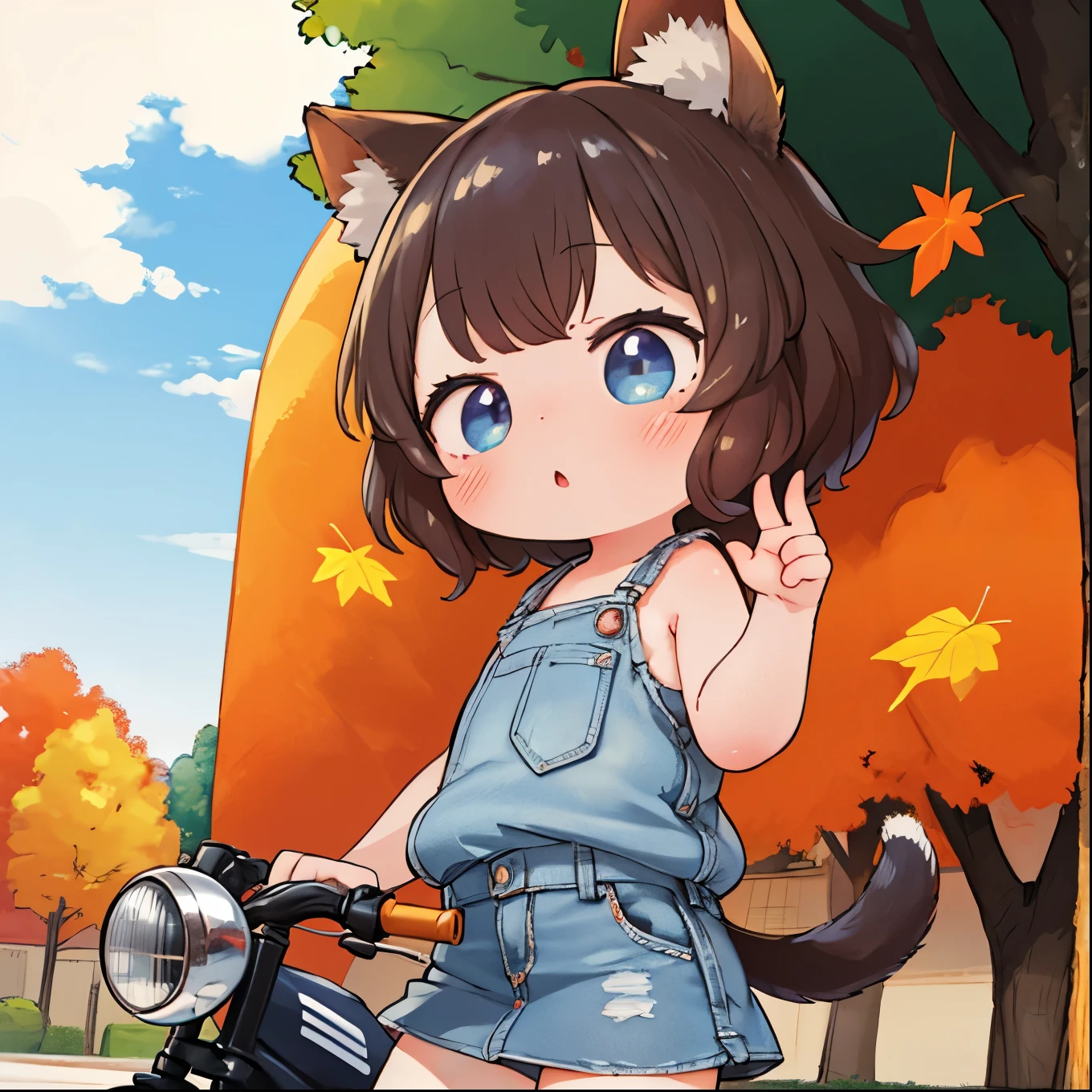Highest Quality:1.2、masterpiece、super high resolution on a pile，８ｋ，score_9, score_8_up, source_anime, nsfw，uncensored，animeスタイル，Young Little Girl, adults are not allowed, skinny，Short Height，infant figure，bob cut，tail，Animal Ears， autumn park，autumn leaves，ride a small bike，denim short skirt，Tank Top，denim jacket，Kyoani Style，Shiba Inu base，dynamic pose，Fisheye Lens，sparkling，depth of subject， 