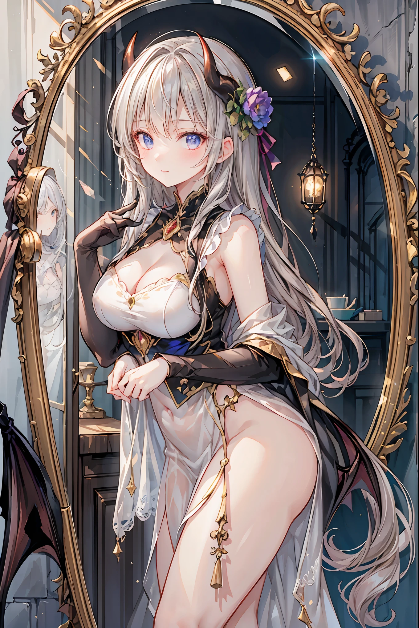 (masterpiece, absurdres, best quality, 8K, large masterpiece digital art, detailed manga illustration), perfect anatomy, (intricate details, ultra-detailed, illustration:1.3), (natural lighting, vivid colors:1.3), Sexy girl, shy face, standing, bathroom, wearing clothes,