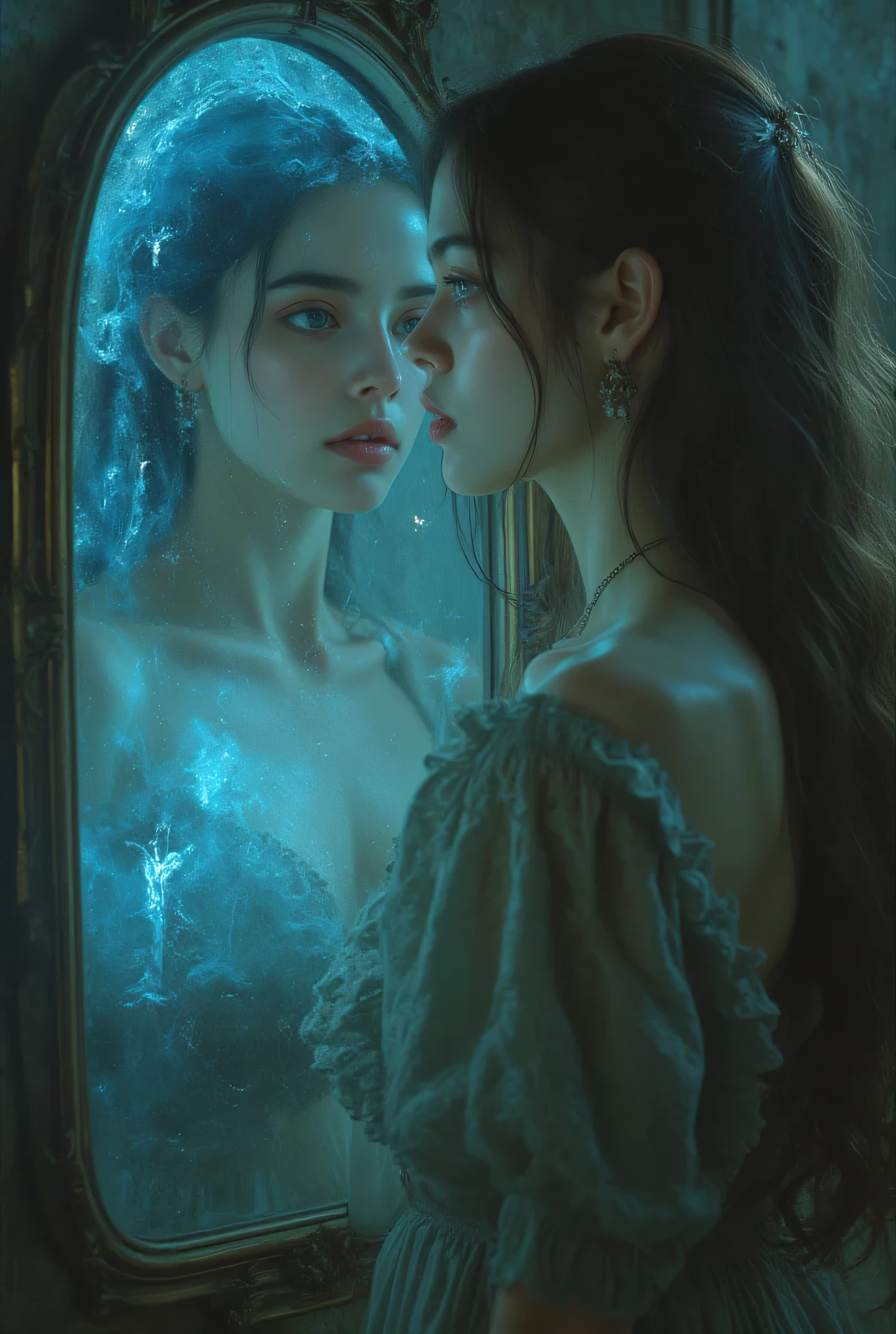 woman standing in front of a mirror、The woman in the mirror is strangely beautiful、Touch each other's faces with your hands、Strange images