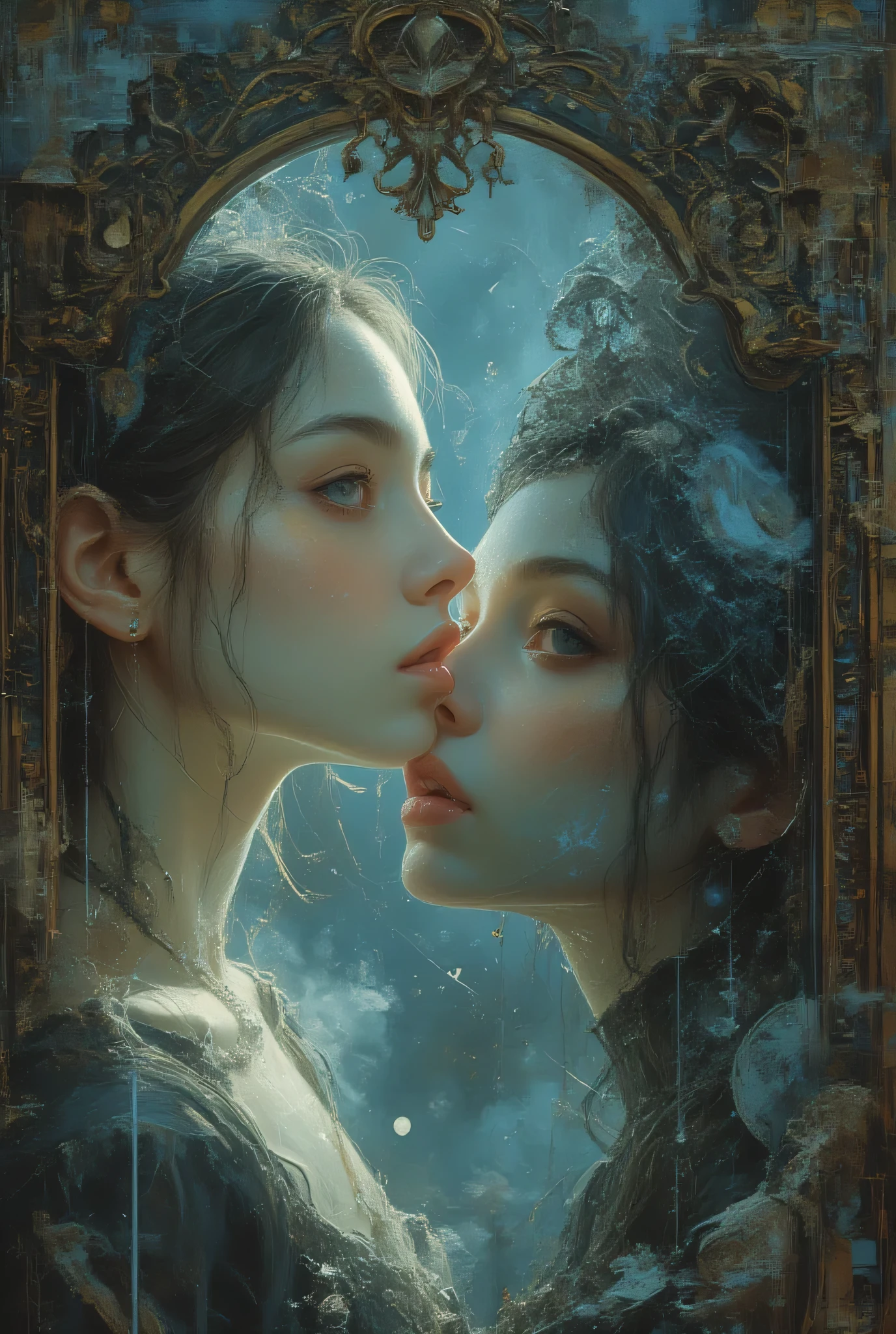 woman standing in front of a mirror、The woman in the mirror is strangely beautiful、Touch each other's faces with your hands、Strange images