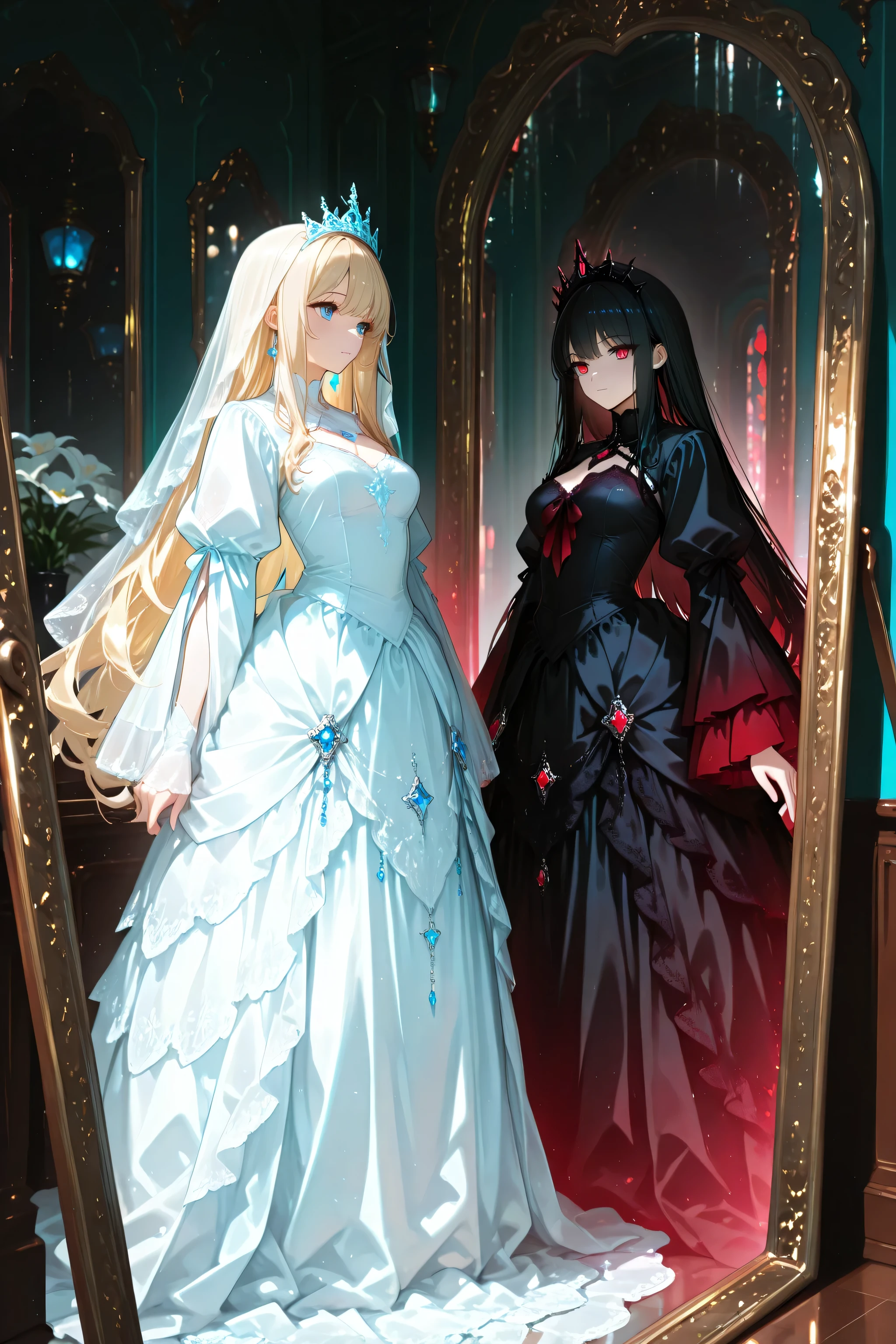 High Quality, masterpiece, super high resolution on a pile, The Blonde Princess Standing in Front of the Mirror, long hair, blue eyes, Elegant Pure White Dress, delicate lace decoration, Crown Decorated with Jewels, luxury bedroom, Large decorative full-length mirror, The Black-Haired Princess Reflected in the Mirror, long black hair,  Bright Red Eyes , Jet Black Gothic Dress, Contrast Production, Mysterious Atmosphere, Soft Natural Light, detailed down to the smallest detail, fantasy world, Magic Mirror