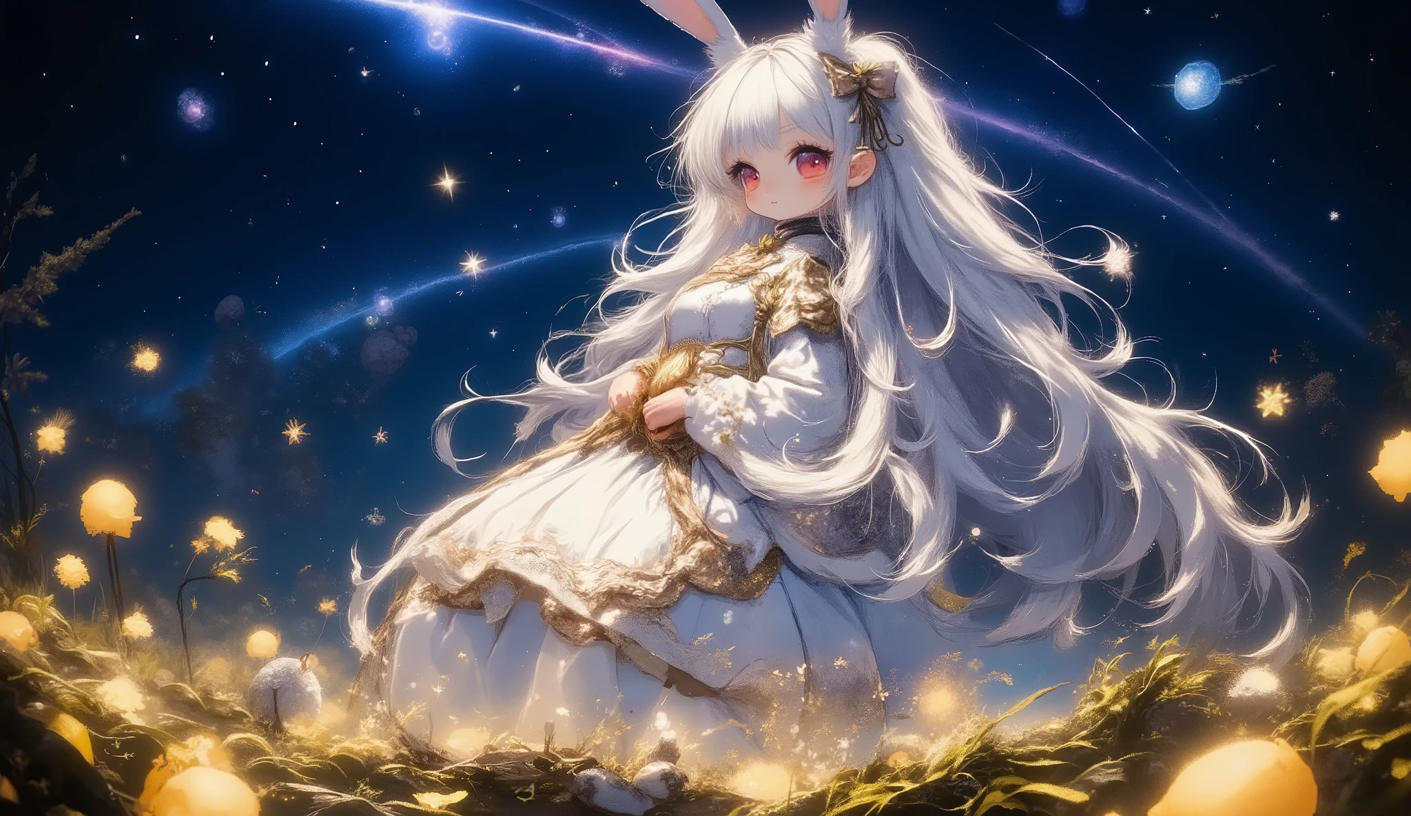 spreading a translucent halo-like texture on the background，The girl turned to the side、of luminous dog tail grass {x} silhouettes are formed by groups of golden particles between waves of grass，the tips of her hair and the ends of her clothes are slightly raised in the night breeze，The Milky Way light penetrates the dark blue night sky、Light up the stars，8K ultra clear photo， Sci-fi fantasy style，elevation，mysterious and dreamy atmosphere，The contrast between the cold moonlight and warm grass light is delicate,I can see all the ears of a rabbit,