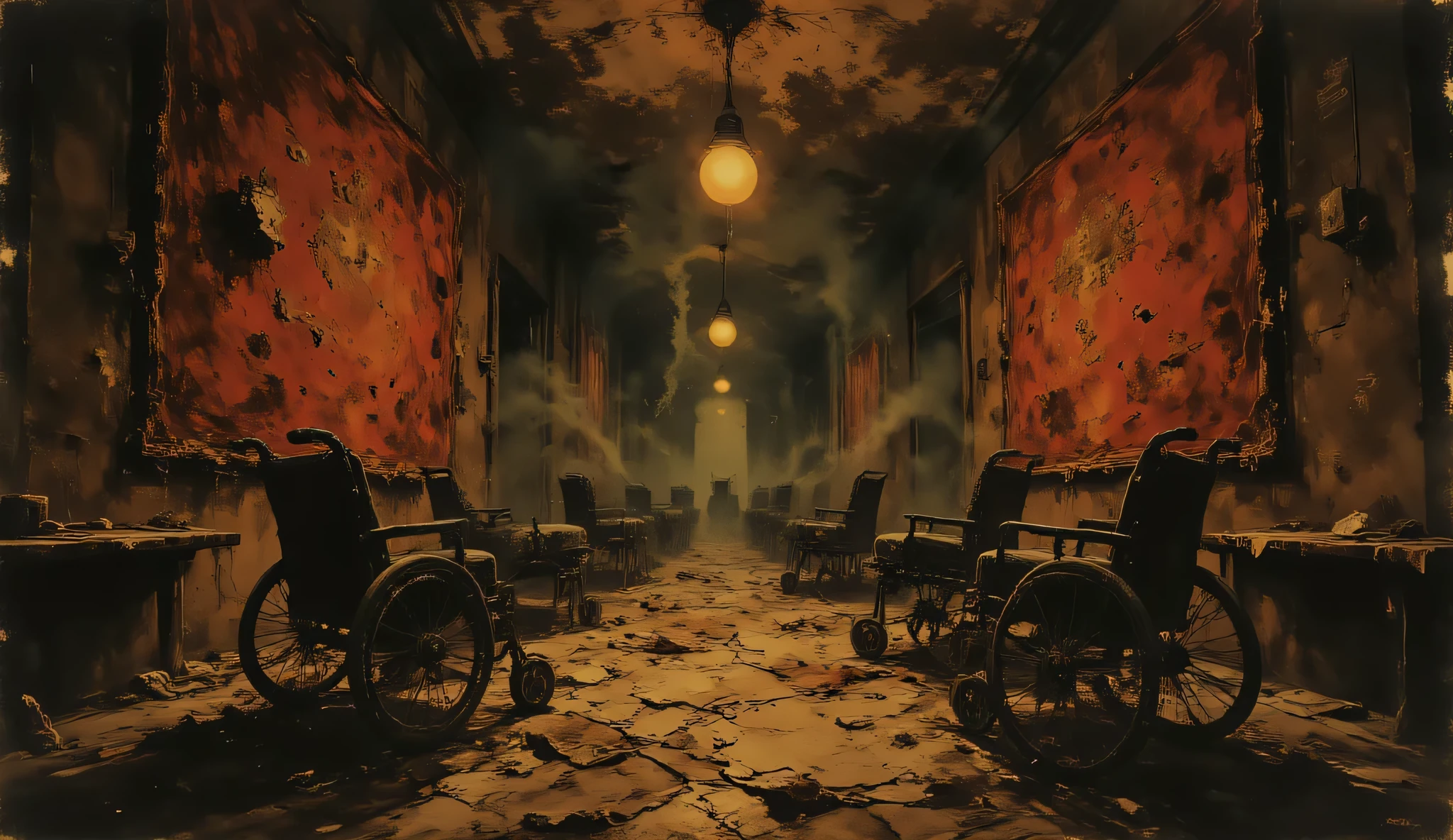 Decaying asylum corridor with elongated shadows, distorted perspective creating unnatural angles and proportions, peeling wallpaper in blood-red and rust tones, twisted empty wheelchairs, Neo-Expressionist brushwork with visible aggressive strokes, Egon Schiele's characteristic trembling linework, haunting atmosphere with shafts of dusty light, emotional intensity conveyed through exaggerated architectural features, photorealistic details of crumbling plaster and broken glass