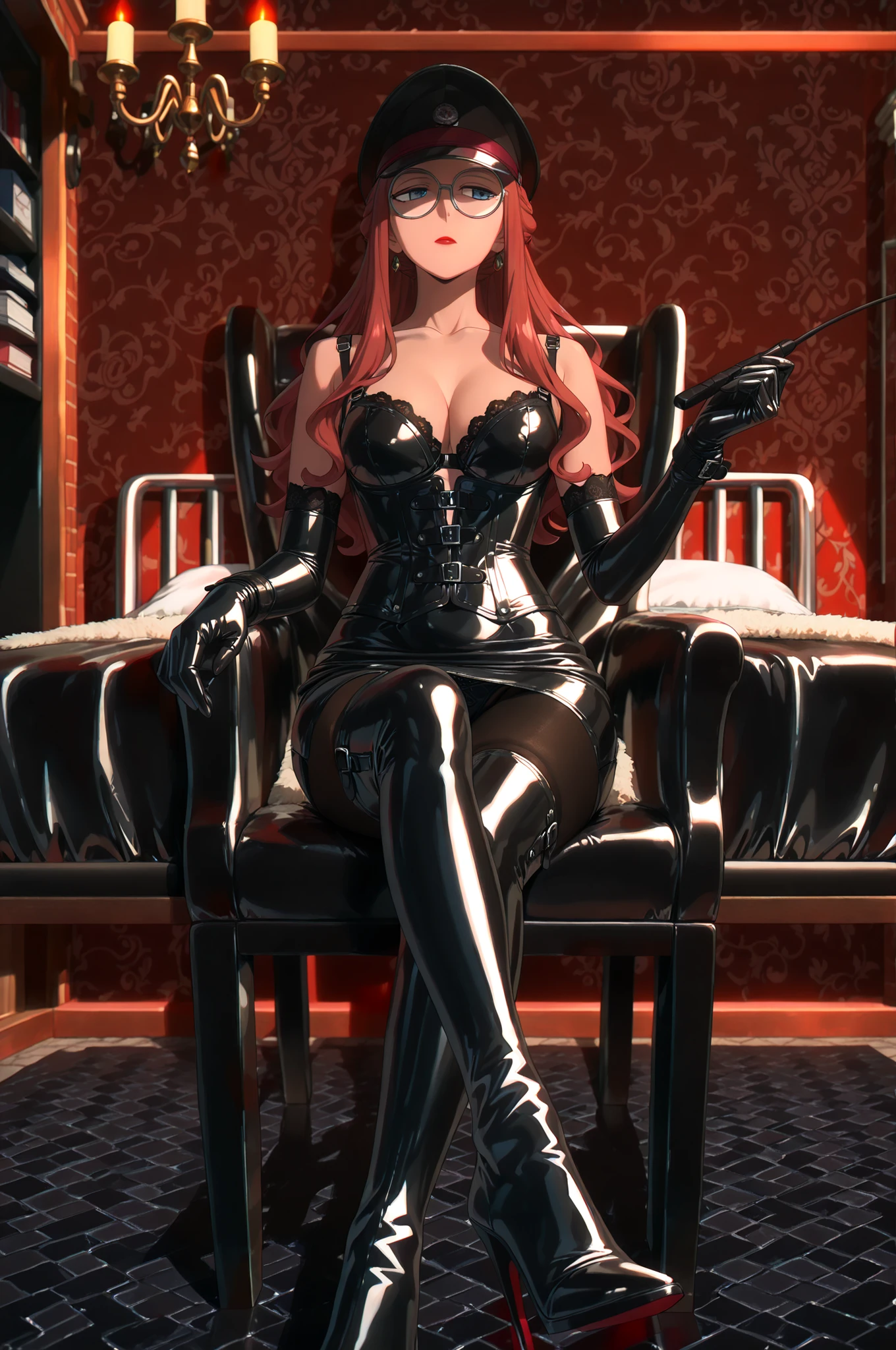 (((sitting cross-legged)))、He holds a riding crop in his right hand:1.4、holding riding crop:1.4、Queen、((( 1 woman)))、(((solo:1.8)))、(((Black Latex Elbow Gloves:1.4)))、(((black latex corset dress:1.4)))、(((corset dress is adorned with beautiful lace)))、(((Corset Dress with Shoulder Straps)))、(((Black Latex Tight Miniskirt:1.4)))、(((black thigh-high boots:1.4)))、(((Black rubber tights:1.2)))、(((stiletto heel boots:1.4)))、(((stiletto boots:1.4)))、(((Black latex high-leg panties)))、(((black latex bra)))、(((bold pose:1.4 )))、Wide legs:1.2、((( from below)))、(((cowboy shot)))、close-up、beautiful eyes with highlights、Fine Beautiful Skin、} 2 perfect legs based on anatomy、wearing cute mythological costumes、(perfect 4 fingers and 1 thumb)、最高masterpiece、masterpieces、absurdres、high image quality、high resolution8K、detailed face、detailed eyes、Detailed Hairstyles、masterpiece, high resolution写真, Ultra Details, 1 woman,  Sylvia Sherwood , Wavy Orange Hair, Blue Eyes, The Wheat Angelic Smile, slanted glasses, Red Lipstick, (((black leather military cap:1.4))), Light black pantyhose, Sensually Sitting in an Office Chair, legs crossed, Closed office scene,  Detailed anime style, soft shading on the wall、No expression、Indifference、Contempt、contempt、豪華な dungeon,  dimly illuminated 、Meticulously designed for discretion and luxury. The walls are covered in dark padded leather and crimson velvet, absorbs sound、creates an intimate atmosphere. Chains, cuffs, and polished stainless steel restraints、Hanging neatly from custom-made iron racks. A large four-poster bondage bed is draped with black satin sheets、Under a wrought iron and red crystal chandelier, cast dramatic shadows across the room. The stone floor is partially covered in thick, Black Fur The rug, And in the corner, The showcase、A carefully selected collection of leather paraphernalia is on display, rope with vib, And handmade gear. Red ambient lighting glows softly from recessed wall fixtures, and the air smells faintly of incense, Wax , and leather. The air is silent, and sensual, and perfectly controlled - the boudoir of power, Elegance, And self-control. 
 dungeon, masterpiece,Highest Quality,high resolution,8k,high resolution,8k,award,(BRIEF FOCUS, complicated, in en very detailed),