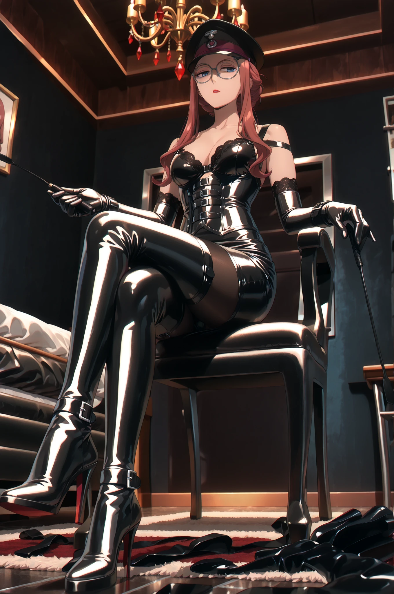 (((sitting cross-legged)))、He holds a riding crop in his right hand:1.4、holding riding crop:1.4、Queen、((( 1 woman)))、(((solo:1.8)))、(((Black Latex Elbow Gloves:1.4)))、(((black latex corset dress:1.4)))、(((corset dress is adorned with beautiful lace)))、(((Corset Dress with Shoulder Straps)))、(((Black Latex Tight Miniskirt:1.4)))、(((black thigh-high boots:1.4)))、(((Black rubber tights:1.2)))、(((stiletto heel boots:1.4)))、(((stiletto boots:1.4)))、(((Black latex high-leg panties)))、(((black latex bra)))、(((bold pose:1.4 )))、Wide legs:1.2、((( from below)))、(((cowboy shot)))、close-up、beautiful eyes with highlights、Fine Beautiful Skin、} 2 perfect legs based on anatomy、wearing cute mythological costumes、(perfect 4 fingers and 1 thumb)、最高masterpiece、masterpieces、absurdres、high image quality、high resolution8K、detailed face、detailed eyes、Detailed Hairstyles、masterpiece, high resolution写真, Ultra Details, 1 woman,  Sylvia Sherwood , Wavy Orange Hair, Blue Eyes, The Wheat Angelic Smile, slanted glasses, Red Lipstick, (((black leather military cap:1.4))), Light black pantyhose, Sensually Sitting in an Office Chair, legs crossed, Closed office scene,  Detailed anime style, soft shading on the wall、No expression、Indifference、Contempt、contempt、豪華な dungeon,  dimly illuminated 、Meticulously designed for discretion and luxury. The walls are covered in dark padded leather and crimson velvet, absorbs sound、creates an intimate atmosphere. Chains, cuffs, and polished stainless steel restraints、Hanging neatly from custom-made iron racks. A large four-poster bondage bed is draped with black satin sheets、Under a wrought iron and red crystal chandelier, cast dramatic shadows across the room. The stone floor is partially covered in thick, Black Fur The rug, And in the corner, The showcase、A carefully selected collection of leather paraphernalia is on display, rope with vib, And handmade gear. Red ambient lighting glows softly from recessed wall fixtures, and the air smells faintly of incense, Wax , and leather. The air is silent, and sensual, and perfectly controlled - the boudoir of power, Elegance, And self-control. 
 dungeon, masterpiece,Highest Quality,high resolution,8k,high resolution,8k,award,(BRIEF FOCUS, complicated, in en very detailed),