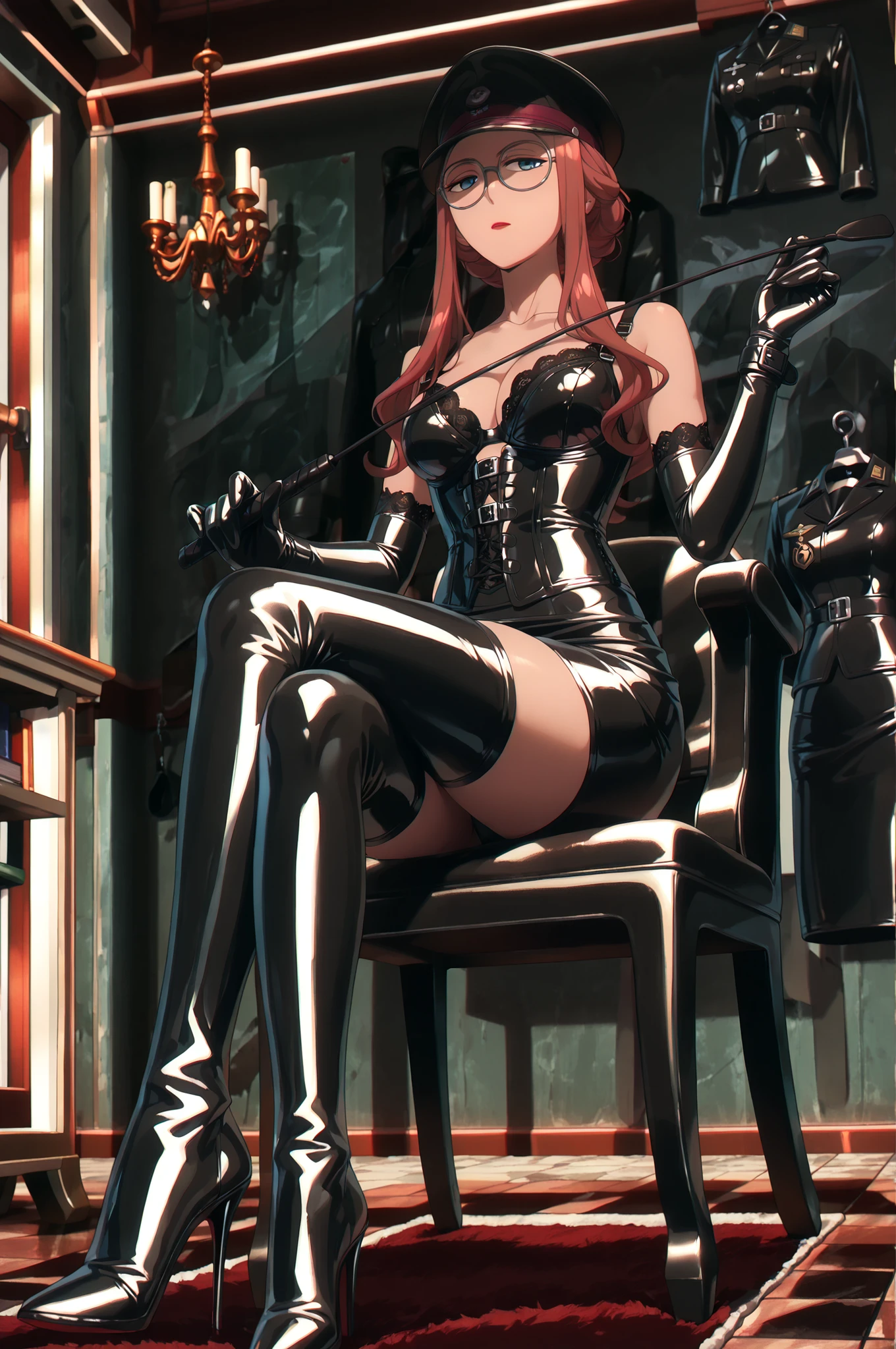 (((sitting cross-legged)))、He holds a riding crop in his right hand:1.4、holding riding crop:1.4、Queen、((( 1 woman)))、(((solo:1.8)))、(((Black Latex Elbow Gloves:1.4)))、(((black latex corset dress:1.4)))、(((corset dress is adorned with beautiful lace)))、(((Corset Dress with Shoulder Straps)))、(((Black Latex Tight Miniskirt:1.4)))、(((black thigh-high boots:1.4)))、(((Black rubber tights:1.2)))、(((stiletto heel boots:1.4)))、(((stiletto boots:1.4)))、(((Black latex high-leg panties)))、(((black latex bra)))、(((bold pose:1.4 )))、Wide legs:1.2、((( from below)))、(((cowboy shot)))、close-up、beautiful eyes with highlights、Fine Beautiful Skin、} 2 perfect legs based on anatomy、wearing cute mythological costumes、(perfect 4 fingers and 1 thumb)、最高masterpiece、masterpieces、absurdres、high image quality、high resolution8K、detailed face、detailed eyes、Detailed Hairstyles、masterpiece, high resolution写真, Ultra Details, 1 woman,  Sylvia Sherwood , Wavy Orange Hair, Blue Eyes, The Wheat Angelic Smile, slanted glasses, Red Lipstick, (((black leather military cap:1.4))), Light black pantyhose, Sensually Sitting in an Office Chair, legs crossed, Closed office scene,  Detailed anime style, soft shading on the wall、No expression、Indifference、Contempt、contempt、豪華な dungeon,  dimly illuminated 、Meticulously designed for discretion and luxury. The walls are covered in dark padded leather and crimson velvet, absorbs sound、creates an intimate atmosphere. Chains, cuffs, and polished stainless steel restraints、Hanging neatly from custom-made iron racks. A large four-poster bondage bed is draped with black satin sheets、Under a wrought iron and red crystal chandelier, cast dramatic shadows across the room. The stone floor is partially covered in thick, Black Fur The rug, And in the corner, The showcase、A carefully selected collection of leather paraphernalia is on display, rope with vib, And handmade gear. Red ambient lighting glows softly from recessed wall fixtures, and the air smells faintly of incense, Wax , and leather. The air is silent, and sensual, and perfectly controlled - the boudoir of power, Elegance, And self-control. 
 dungeon, masterpiece,Highest Quality,high resolution,8k,high resolution,8k,award,(BRIEF FOCUS, complicated, in en very detailed),