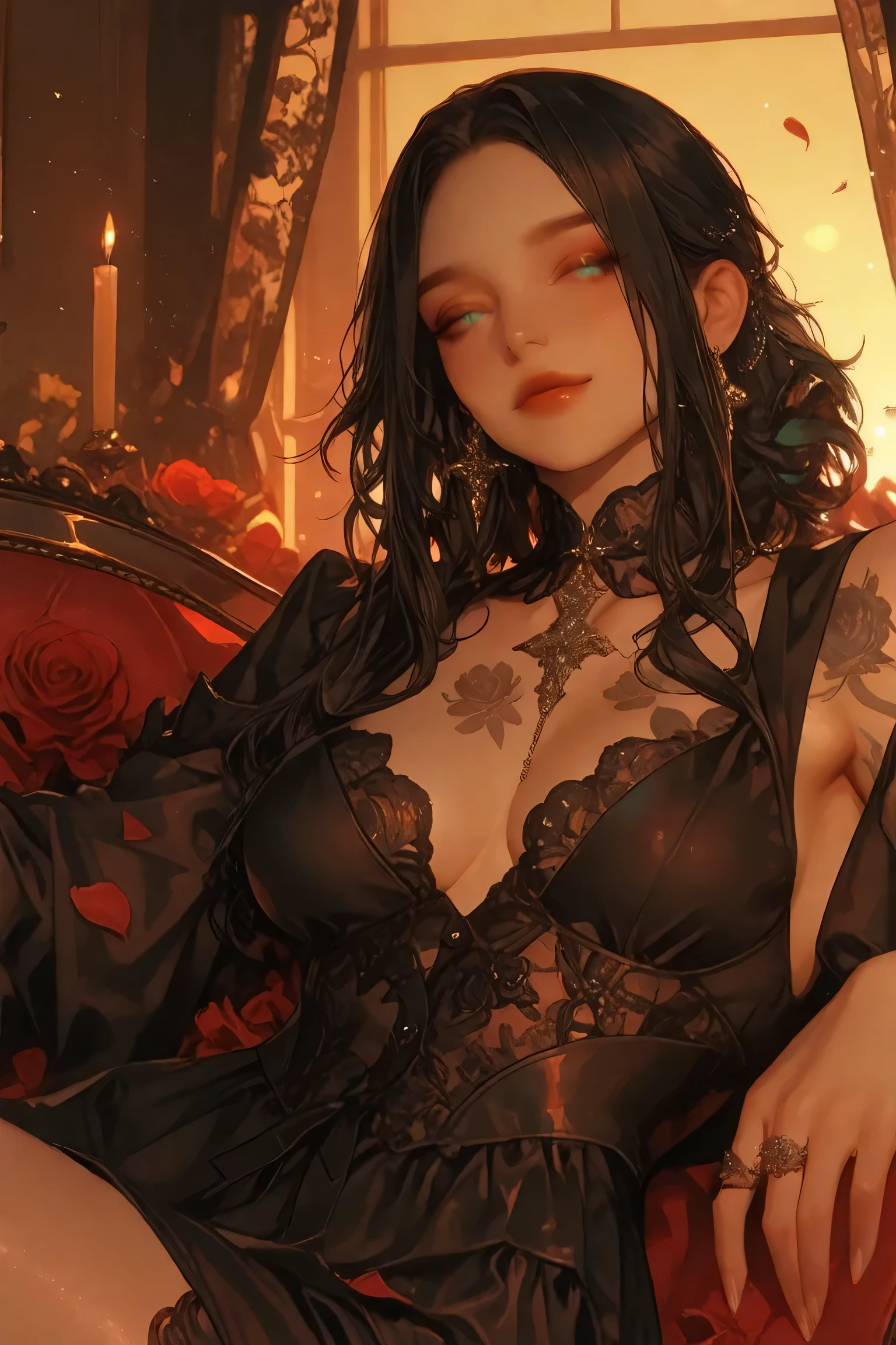 /imagine prompt: ethereal muse, mid-20s, luminous porcelain skin kissed by golden hour sunset, flowing raven silk hair tumbling over sculpted shoulders, hypnotic emerald eyes sparkling with quiet elegance, lush crimson lips curved in gentle half-smile, graceful hourglass silhouette draped in delicate black lace corset bodice with elegant neckline, flowing silk skirt with thigh-high slit revealing long elegant legs, intricate floral tattoos weaving across collarbone and waist, reclining gracefully on velvet chaise lounge in opulent candlelit boudoir, one hand delicately tracing necklace, other resting lightly on hip, subtle mist and rose petals floating in air, cinematic portrait masterpiece, hyper-realistic details, 8k HDR, volumetric god rays filtering through lace curtains, shallow depth of field with dreamy bokeh, inspired by alphonse mucha and john william waterhouse, romantic fantasy beauty, soft radiant glow --ar 9:16 --v 6 --q 2 --stylize 750 --no nudity, explicit