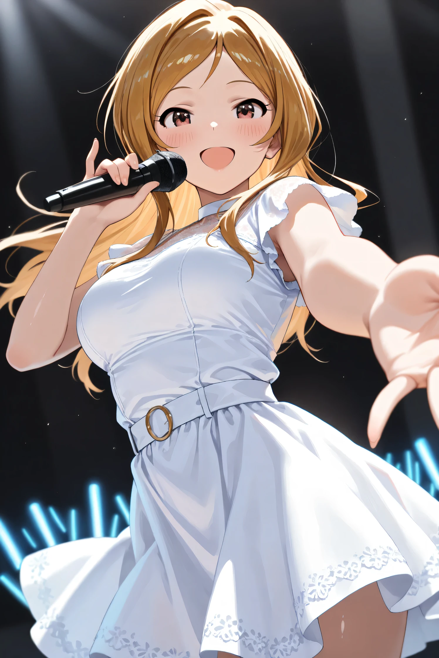 (Masterpiece), (Highest quality), (Very detailed),
(The best shape), (Best Shadow), (Absurd),
(Detailed background), (So beautiful), (Shiny),
(Extraordinary), (Countershading), (8k), (32K),
(High resolution), (Very Detailed CG), (UHD),
(Score_9), (Score_8_up), (Score_7_up),
(Source_anime), (Pastel painting:1.2),
(Watercolor painting:1.2),(Masterpiece, Detailed:1.2), (Foreshortening:1.2),
(Cinematic), (Dramatic), (Depth of field:1.4),
(Blurry background:1.4), (Realistic background:1.4),
(Foreshortening:1.3), (Dynamic angle), (1 girl),
(Simple background), (Black background),
(Idol stage), (blue glowsticks),
(Casual wear:1.3),
(White dress:1.3),
(One cordless microphone),
(Cowboy shot), (Focus on face), (Close up shot),
(Blush:1.3), (Happy), (Smile), (Singing),
(Realistic skin), (Shiny skin),
(Momose Rio),
(The idolmaster million live!),
(mirishita),
IMMomoRio, long hair, breasts, blonde hair, brown hair, red eyes, medium breasts, brown eyes, parted bangs, large breasts,