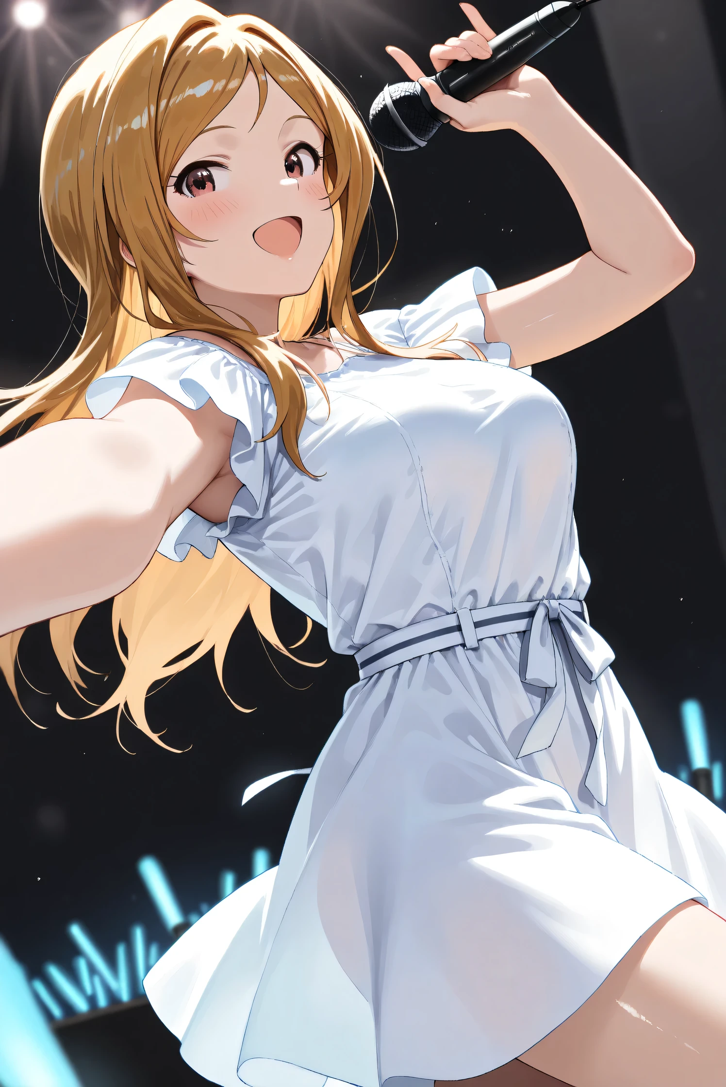 (Masterpiece), (Highest quality), (Very detailed),
(The best shape), (Best Shadow), (Absurd),
(Detailed background), (So beautiful), (Shiny),
(Extraordinary), (Countershading), (8k), (32K),
(High resolution), (Very Detailed CG), (UHD),
(Score_9), (Score_8_up), (Score_7_up),
(Source_anime), (Pastel painting:1.2),
(Watercolor painting:1.2),(Masterpiece, Detailed:1.2), (Foreshortening:1.2),
(Cinematic), (Dramatic), (Depth of field:1.4),
(Blurry background:1.4), (Realistic background:1.4),
(Foreshortening:1.3), (Dynamic angle), (1 girl),
(Simple background), (Black background),
(Idol stage), (blue glowsticks),
(Casual wear:1.3),
(White dress:1.3),
(One cordless microphone),
(Cowboy shot), (Focus on face), (Close up shot),
(Blush:1.3), (Happy), (Smile), (Singing),
(Realistic skin), (Shiny skin),
(Momose Rio),
(The idolmaster million live!),
(mirishita),
IMMomoRio, long hair, breasts, blonde hair, brown hair, red eyes, medium breasts, brown eyes, parted bangs, large breasts,