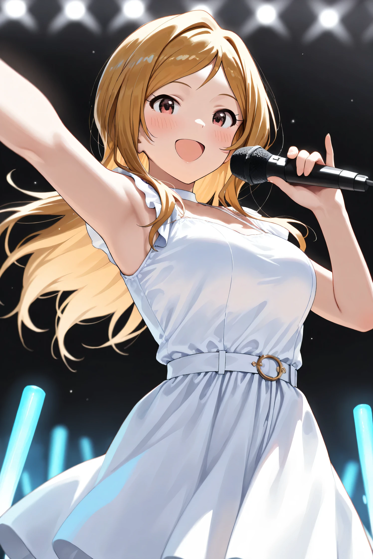 (Masterpiece), (Highest quality), (Very detailed),
(The best shape), (Best Shadow), (Absurd),
(Detailed background), (So beautiful), (Shiny),
(Extraordinary), (Countershading), (8k), (32K),
(High resolution), (Very Detailed CG), (UHD),
(Score_9), (Score_8_up), (Score_7_up),
(Source_anime), (Pastel painting:1.2),
(Watercolor painting:1.2),(Masterpiece, Detailed:1.2), (Foreshortening:1.2),
(Cinematic), (Dramatic), (Depth of field:1.4),
(Blurry background:1.4), (Realistic background:1.4),
(Foreshortening:1.3), (Dynamic angle), (1 girl),
(Simple background), (Black background),
(Idol stage), (blue glowsticks),
(Casual wear:1.3),
(White dress:1.3),
(One cordless microphone),
(Cowboy shot), (Focus on face), (Close up shot),
(Blush:1.3), (Happy), (Smile), (Singing),
(Realistic skin), (Shiny skin),
(Momose Rio),
(The idolmaster million live!),
(mirishita),
IMMomoRio, long hair, breasts, blonde hair, brown hair, red eyes, medium breasts, brown eyes, parted bangs, large breasts,