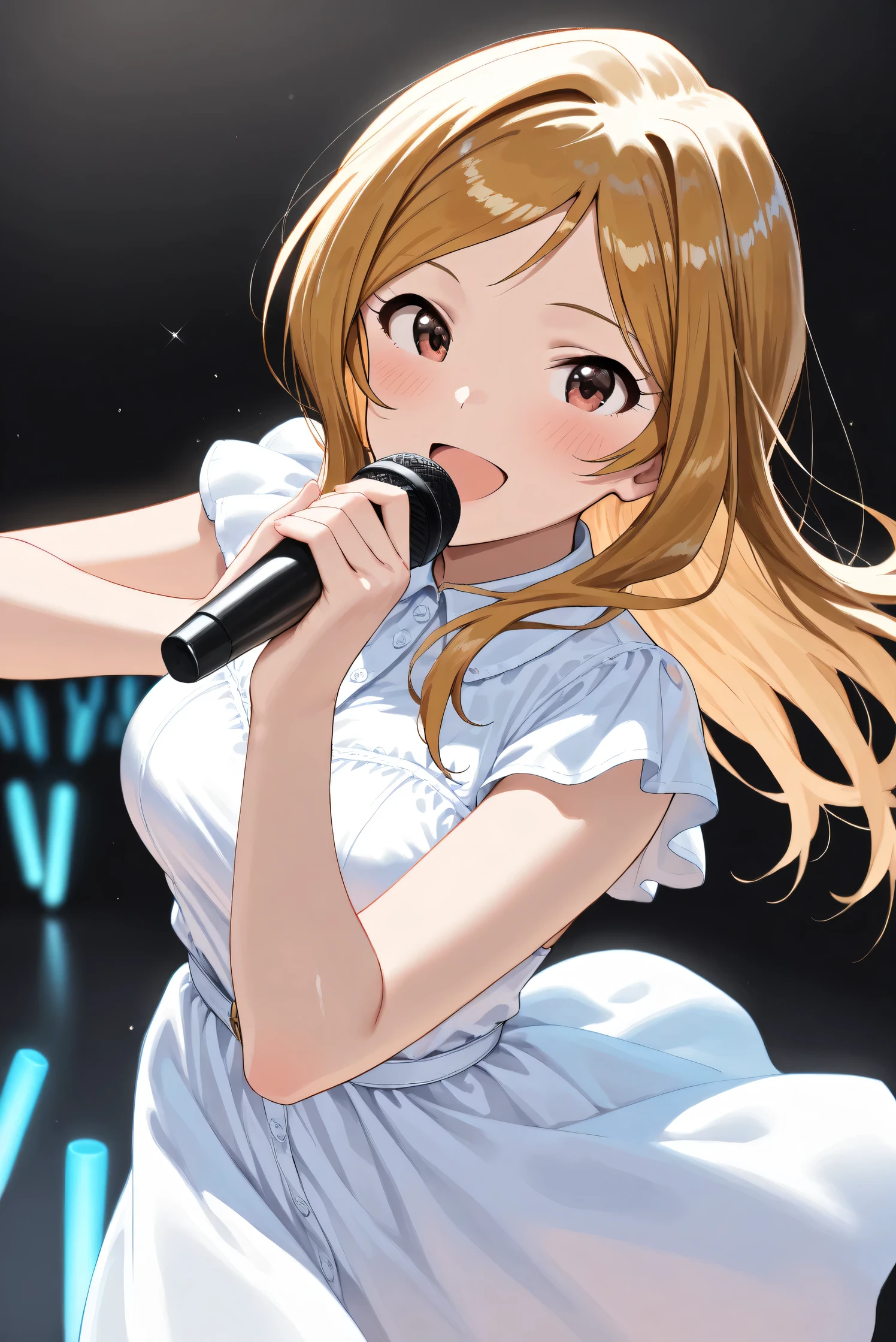 (Masterpiece), (Highest quality), (Very detailed),
(The best shape), (Best Shadow), (Absurd),
(Detailed background), (So beautiful), (Shiny),
(Extraordinary), (Countershading), (8k), (32K),
(High resolution), (Very Detailed CG), (UHD),
(Score_9), (Score_8_up), (Score_7_up),
(Source_anime), (Pastel painting:1.2),
(Watercolor painting:1.2),(Masterpiece, Detailed:1.2), (Foreshortening:1.2),
(Cinematic), (Dramatic), (Depth of field:1.4),
(Blurry background:1.4), (Realistic background:1.4),
(Foreshortening:1.3), (Dynamic angle), (1 girl),
(Simple background), (Black background),
(Idol stage), (blue glowsticks),
(Casual wear:1.3),
(White dress:1.3),
(One cordless microphone),
(Cowboy shot), (Focus on face), (Close up shot),
(Blush:1.3), (Happy), (Smile), (Singing),
(Realistic skin), (Shiny skin),
(Momose Rio),
(The idolmaster million live!),
(mirishita),
IMMomoRio, long hair, breasts, blonde hair, brown hair, red eyes, medium breasts, brown eyes, parted bangs, large breasts,