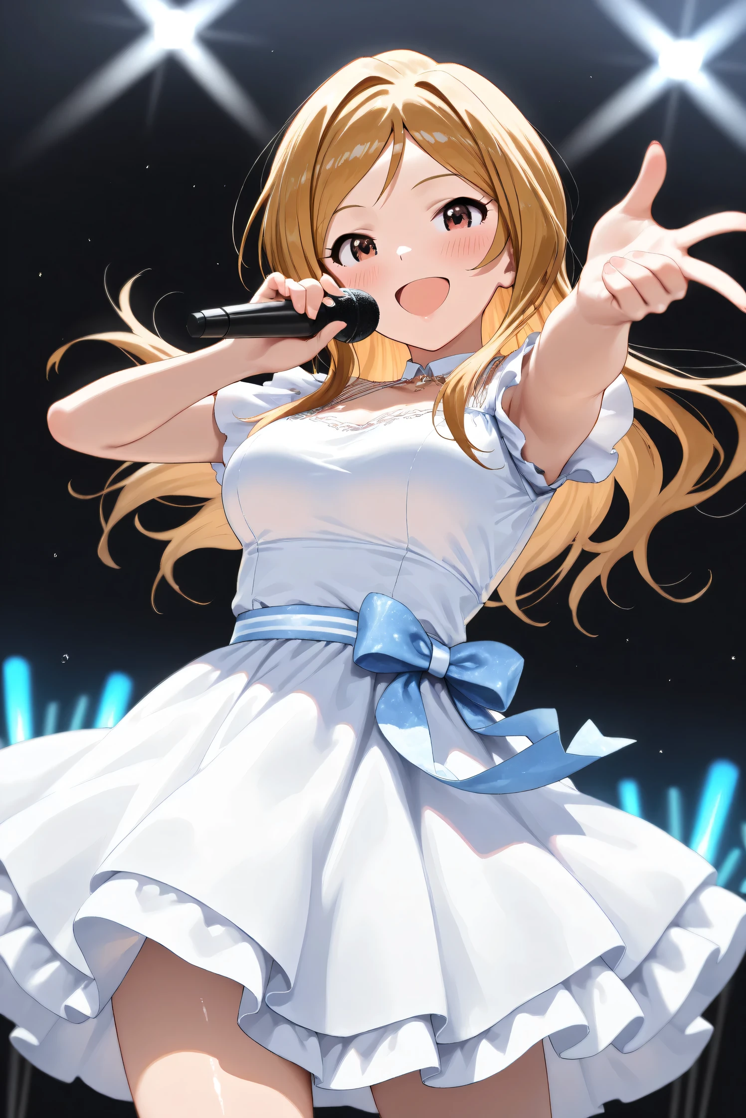 (Masterpiece), (Highest quality), (Very detailed),
(The best shape), (Best Shadow), (Absurd),
(Detailed background), (So beautiful), (Shiny),
(Extraordinary), (Countershading), (8k), (32K),
(High resolution), (Very Detailed CG), (UHD),
(Score_9), (Score_8_up), (Score_7_up),
(Source_anime), (Pastel painting:1.2),
(Watercolor painting:1.2),(Masterpiece, Detailed:1.2), (Foreshortening:1.2),
(Cinematic), (Dramatic), (Depth of field:1.4),
(Blurry background:1.4), (Realistic background:1.4),
(Foreshortening:1.3), (Dynamic angle), (1 girl),
(Simple background), (Black background),
(Idol stage), (blue glowsticks),
(Casual wear:1.3),
(White dress:1.3),
(One cordless microphone),
(Cowboy shot), (Focus on face), (Close up shot),
(Blush:1.3), (Happy), (Smile), (Singing),
(Realistic skin), (Shiny skin),
(Momose Rio),
(The idolmaster million live!),
(mirishita),
IMMomoRio, long hair, breasts, blonde hair, brown hair, red eyes, medium breasts, brown eyes, parted bangs, large breasts,