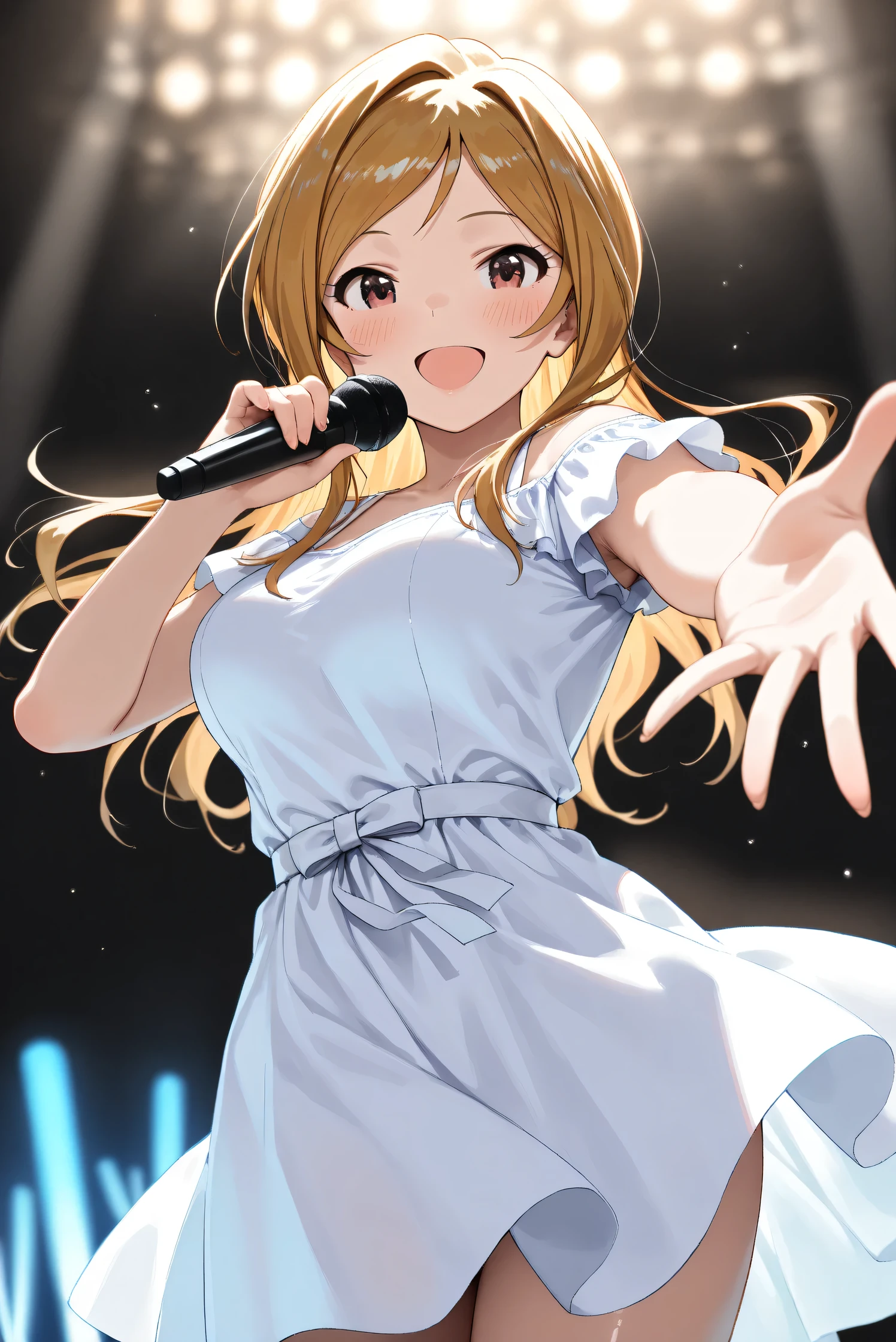 (Masterpiece), (Highest quality), (Very detailed),
(The best shape), (Best Shadow), (Absurd),
(Detailed background), (So beautiful), (Shiny),
(Extraordinary), (Countershading), (8k), (32K),
(High resolution), (Very Detailed CG), (UHD),
(Score_9), (Score_8_up), (Score_7_up),
(Source_anime), (Pastel painting:1.2),
(Watercolor painting:1.2),(Masterpiece, Detailed:1.2), (Foreshortening:1.2),
(Cinematic), (Dramatic), (Depth of field:1.4),
(Blurry background:1.4), (Realistic background:1.4),
(Foreshortening:1.3), (Dynamic angle), (1 girl),
(Simple background), (Black background),
(Idol stage), (blue glowsticks),
(Casual wear:1.3),
(White dress:1.3),
(One cordless microphone),
(Cowboy shot), (Focus on face), (Close up shot),
(Blush:1.3), (Happy), (Smile), (Singing),
(Realistic skin), (Shiny skin),
(Momose Rio),
(The idolmaster million live!),
(mirishita),
IMMomoRio, long hair, breasts, blonde hair, brown hair, red eyes, medium breasts, brown eyes, parted bangs, large breasts,