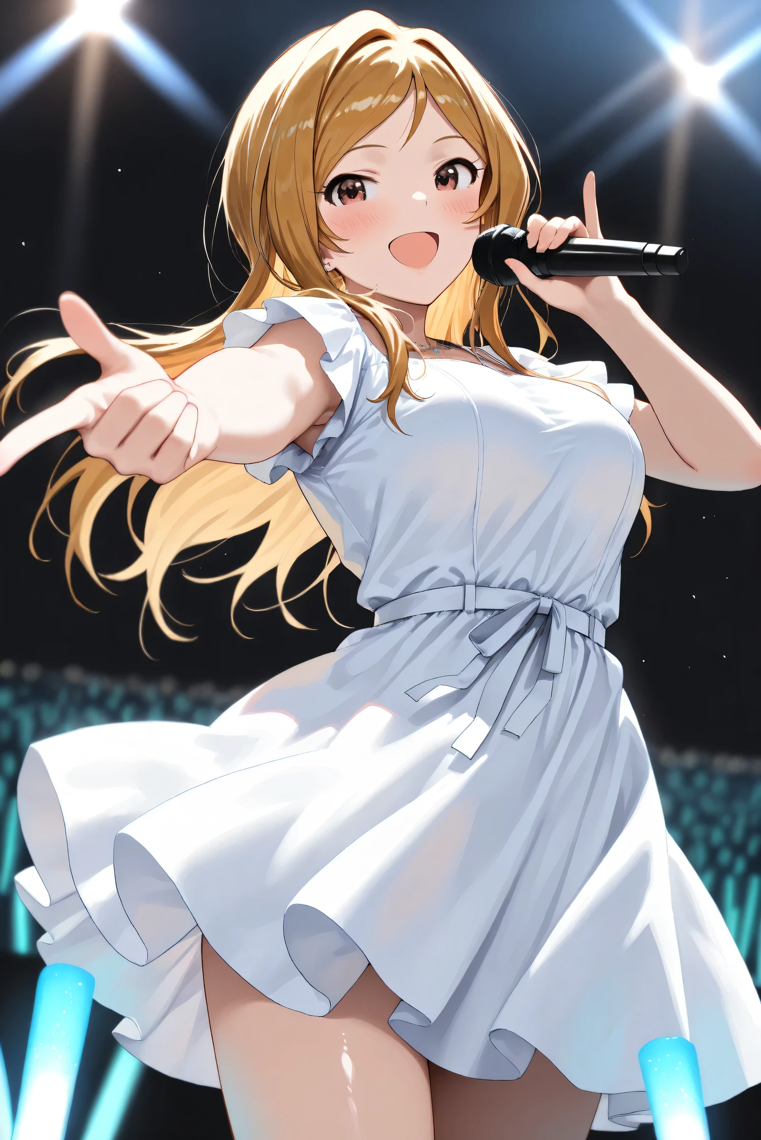 (Masterpiece), (Highest quality), (Very detailed),
(The best shape), (Best Shadow), (Absurd),
(Detailed background), (So beautiful), (Shiny),
(Extraordinary), (Countershading), (8k), (32K),
(High resolution), (Very Detailed CG), (UHD),
(Score_9), (Score_8_up), (Score_7_up),
(Source_anime), (Pastel painting:1.2),
(Watercolor painting:1.2),(Masterpiece, Detailed:1.2), (Foreshortening:1.2),
(Cinematic), (Dramatic), (Depth of field:1.4),
(Blurry background:1.4), (Realistic background:1.4),
(Foreshortening:1.3), (Dynamic angle), (1 girl),
(Simple background), (Black background),
(Idol stage), (blue glowsticks),
(Casual wear:1.3),
(White dress:1.3),
(One cordless microphone),
(Cowboy shot), (Focus on face), (Close up shot),
(Blush:1.3), (Happy), (Smile), (Singing),
(Realistic skin), (Shiny skin),
(Momose Rio),
(The idolmaster million live!),
(mirishita),
IMMomoRio, long hair, breasts, blonde hair, brown hair, red eyes, medium breasts, brown eyes, parted bangs, large breasts,