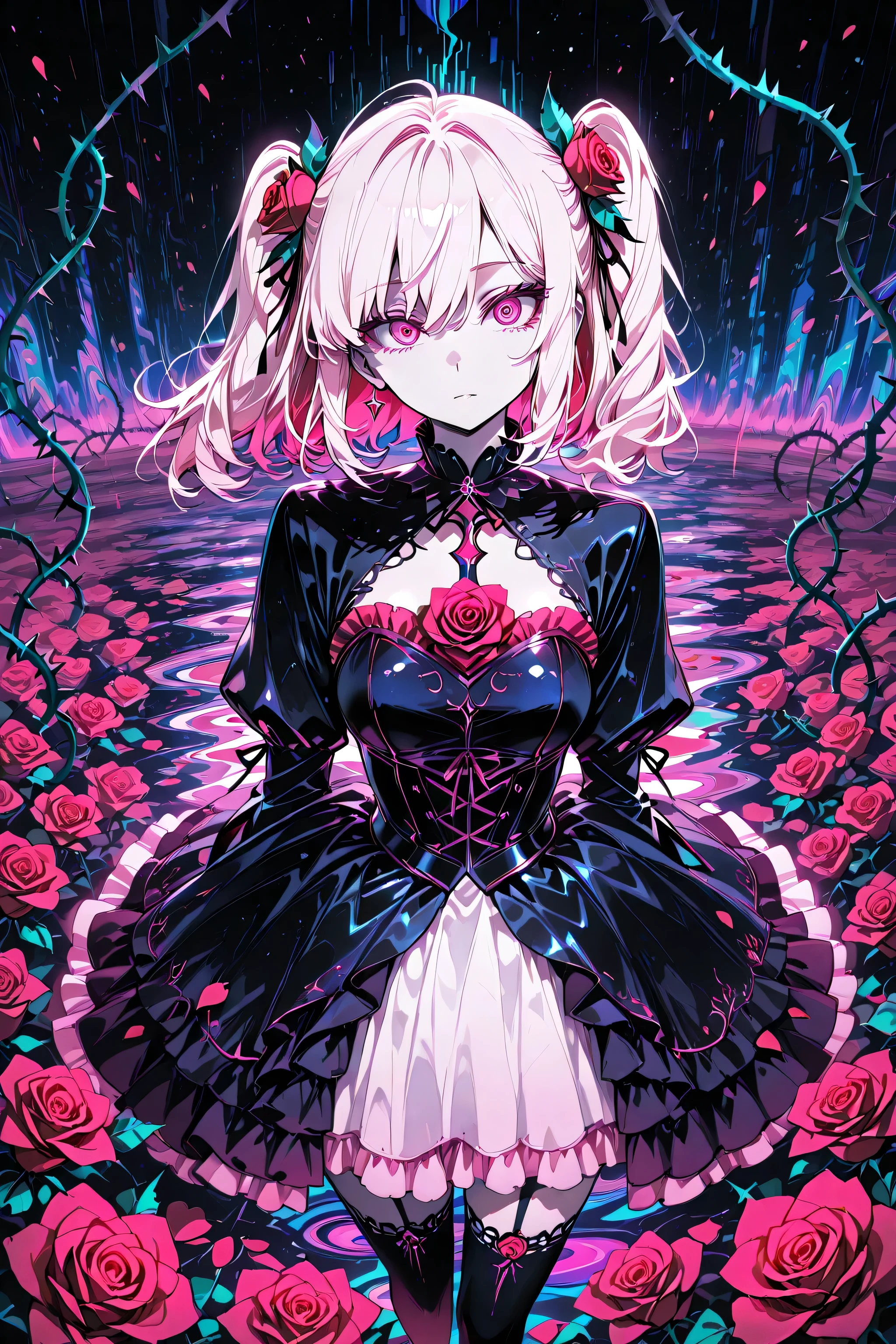 intricate_details_xl, anime style, flat color style, rose girl, (medium close up:1.2), high quality, detailed, professional look, masterpiece, surreal lighting, (psychedelic scene:1.4), female, one girl, solo, anxious expression, rose themed dress, elegant clothing, (surrounded by roses and thorns:1.3), vivid red and pink color scheme, (distortion of space:1.2), countless rose petals floating, sharp thorns, nightmare aesthetic, highly saturated color, neon glow, deep perspective, visual confusion, abstract background elements, dramatic atmosphere