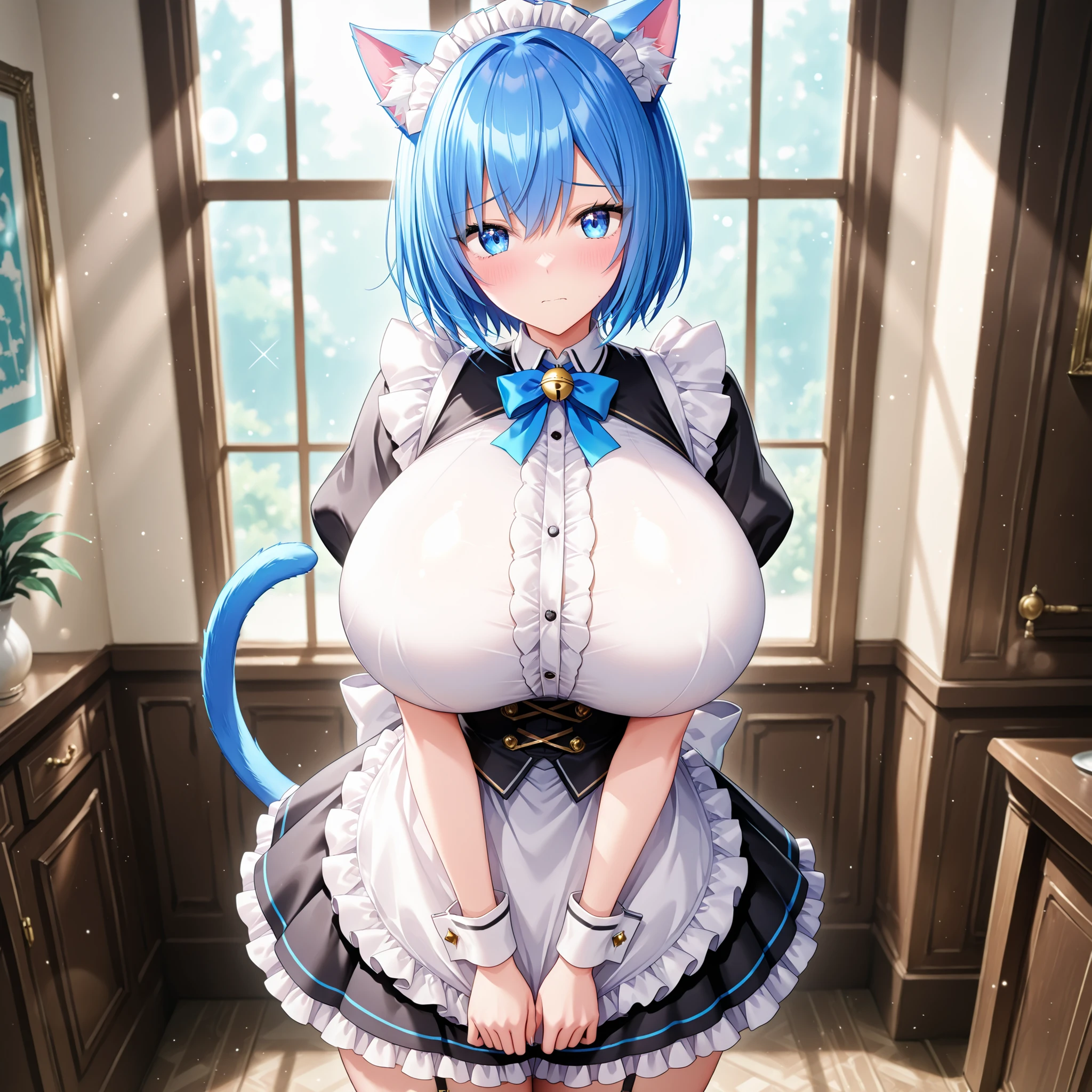 1 girl, blue hair, short hair, blue eyes, , cat girl, cat ears, cat tail, maid, maid costume, shirt, apron, facing viewer, looking at viewer, standing,