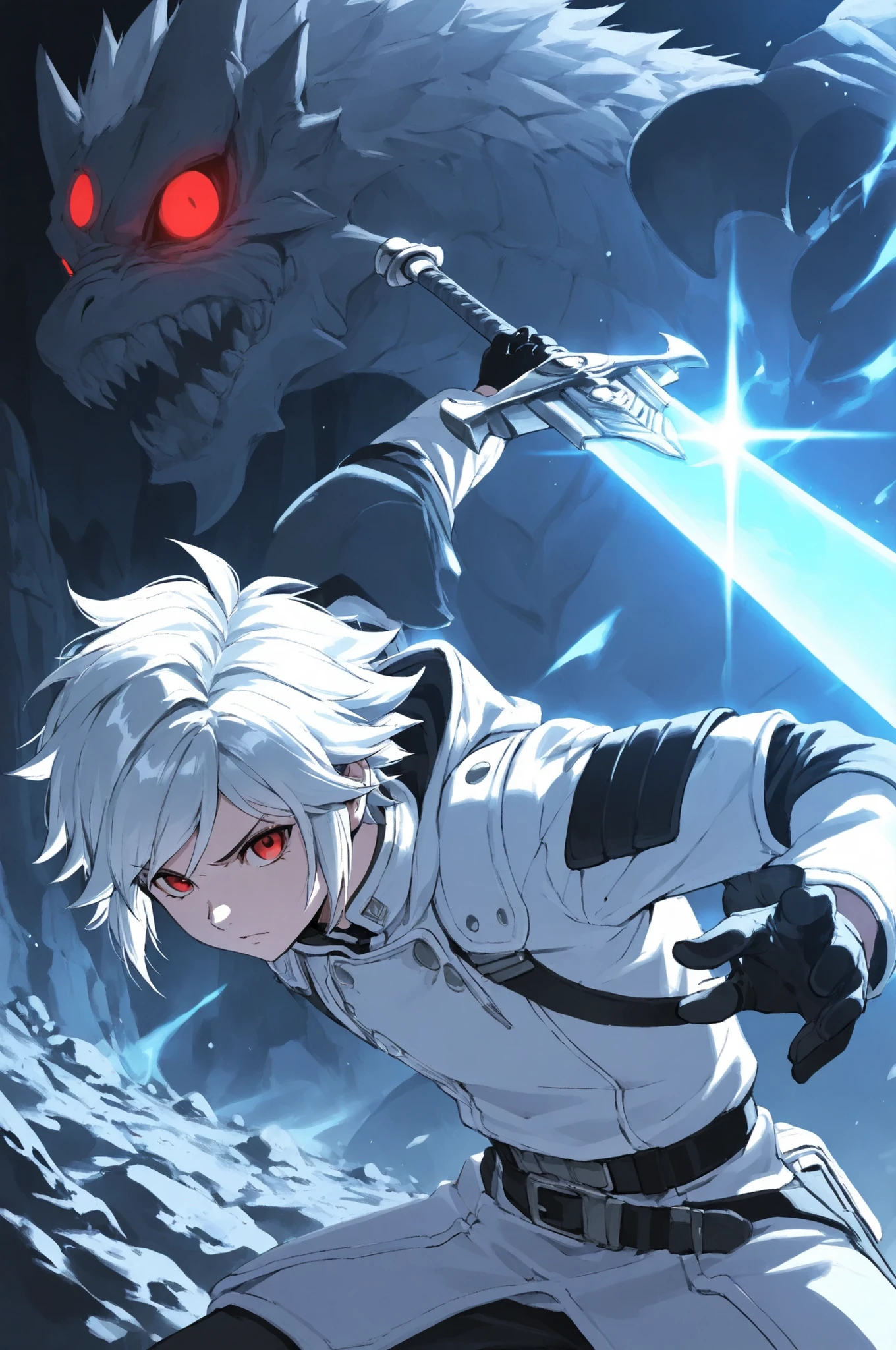 bell cranel, white hair, short hair, red eyes, 1boy, fighting_stance, detailed_eye_model、White combat uniform、holding a large blue glowing sword in front of the body, giant monster、only the eyes glow red、background is an eerie cave、dungeon、high image quality、Dramatic High Contrast