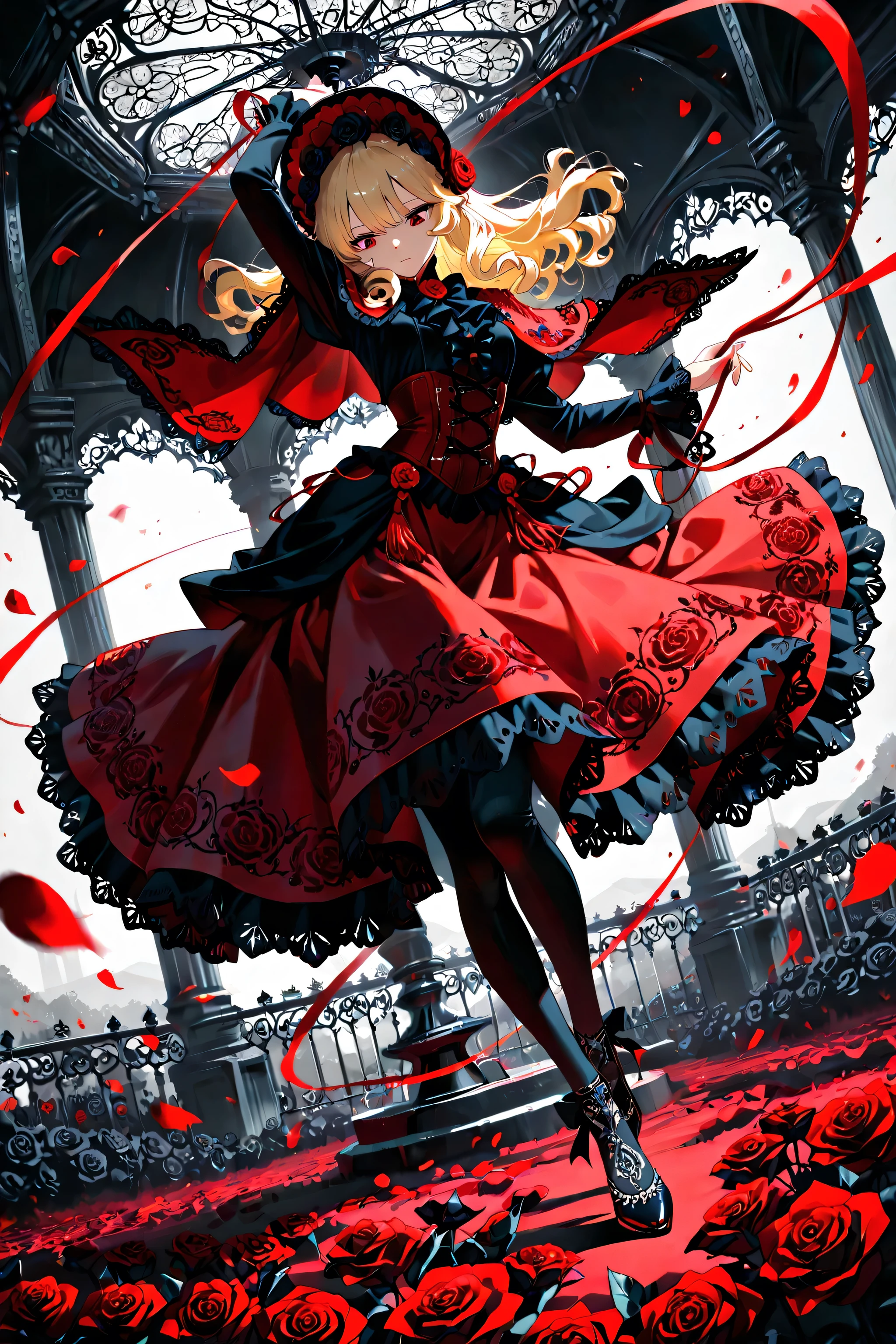 (masterpiece:1.2, Best Quality), red splash effect, limited color palette, dynamic angle, motion blur, looking down, elegant dance post, one arm raised, one arm held out parallel, red eyes, eye lashed, blonde hair, medium length hair that curls slightly, rose trim mantle over shoulders with velvet inlay, burgundy corset with black rose embroidery, flowing burgundy skirt with black rose embroidery, mismatched black leggings, ornate dance shoes with rose clasp, rose threaded bonnet with trailing tassels, dancing inside an ornate gazebo, surrounding rose field, endless roses on all sides, floating rose petals, shadows, dramatic lighting,