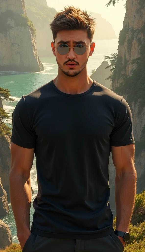 handsome boy  sunset background 8k regulation with Real Face and sunglass