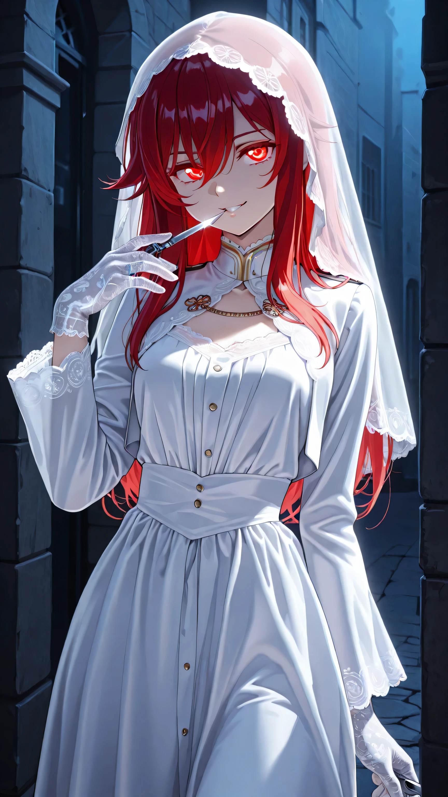 Cute,748cmstyle,masterpiece, best quality, ultra detailed, hauntingly beautiful, cute but terrifying shadowy assailant. She has red hair. She wears a delicate, pure white lace veil that completely covers her face, slightly translucent. Her small, gloved hands (white lace gloves) hold a gleaming surgical scalpel at her side. She is dressed in a modest, childlike white dress with long sleeves, maintaining an innocent and wholesome appearance, despite the weapon. She stands in a dark, foggy alleyway at night, with faint gaslight illuminating the edges of her veil. The only visible part of her face is a single, unsettlingly bright red eye peeking through the lace, displaying a naughty face. Her posture is innocent and slightly childlike, contrasting sharply with the weapon.