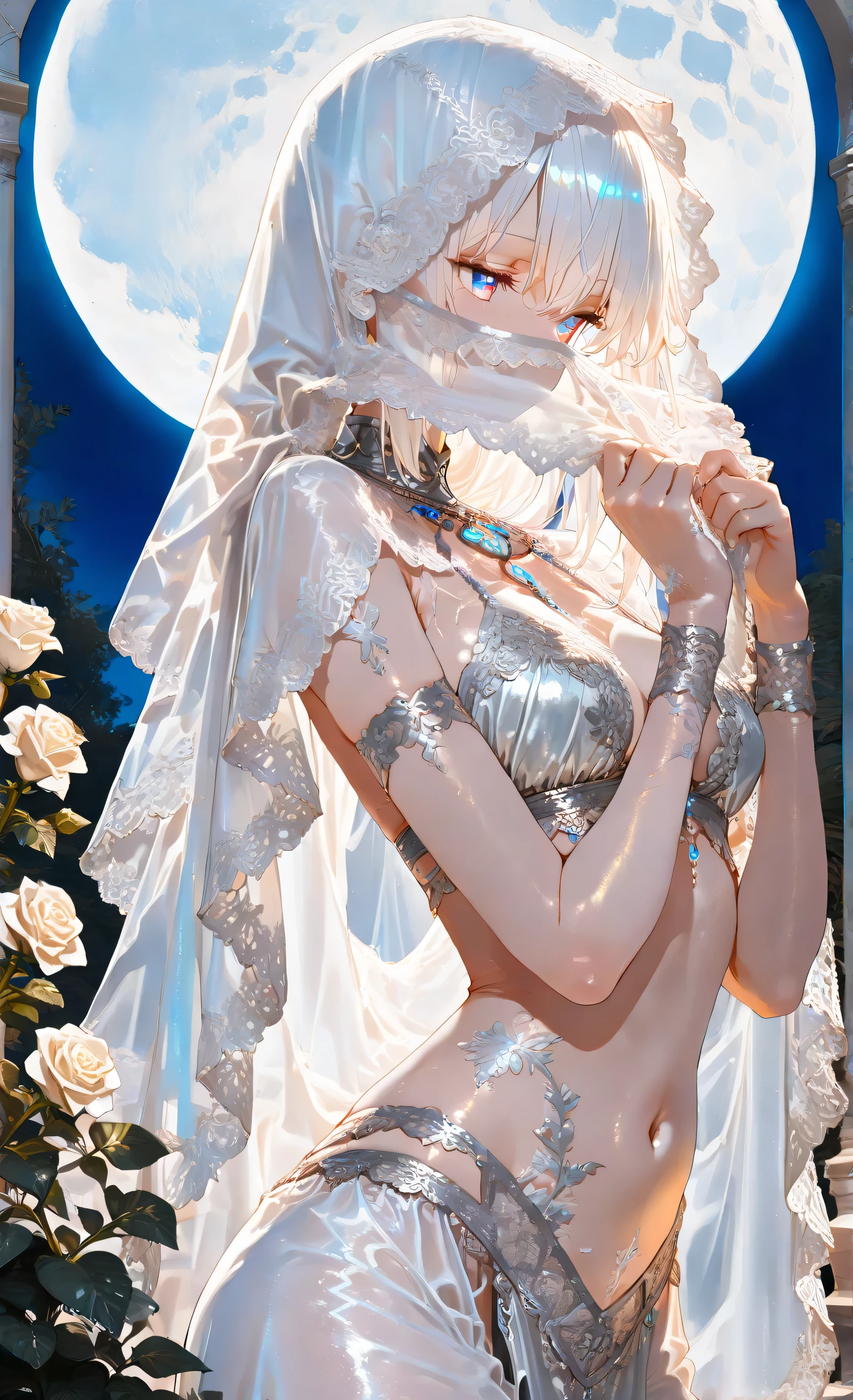 (masterpiece:1.5), (8k ultra-detailed:1.5), cinematic anime realism, arabian woman under full moon, wearing translucent silver lace veil over face, soft moonlight glowing through thin fabric, delicate lace details visible, gentle breeze lifting the veil slightly, her eyes reflecting moonlight, (soft volumetric lighting:1.3), (subsurface scattering on skin:1.3), tranquil night garden background, glowing white roses, ethereal atmosphere