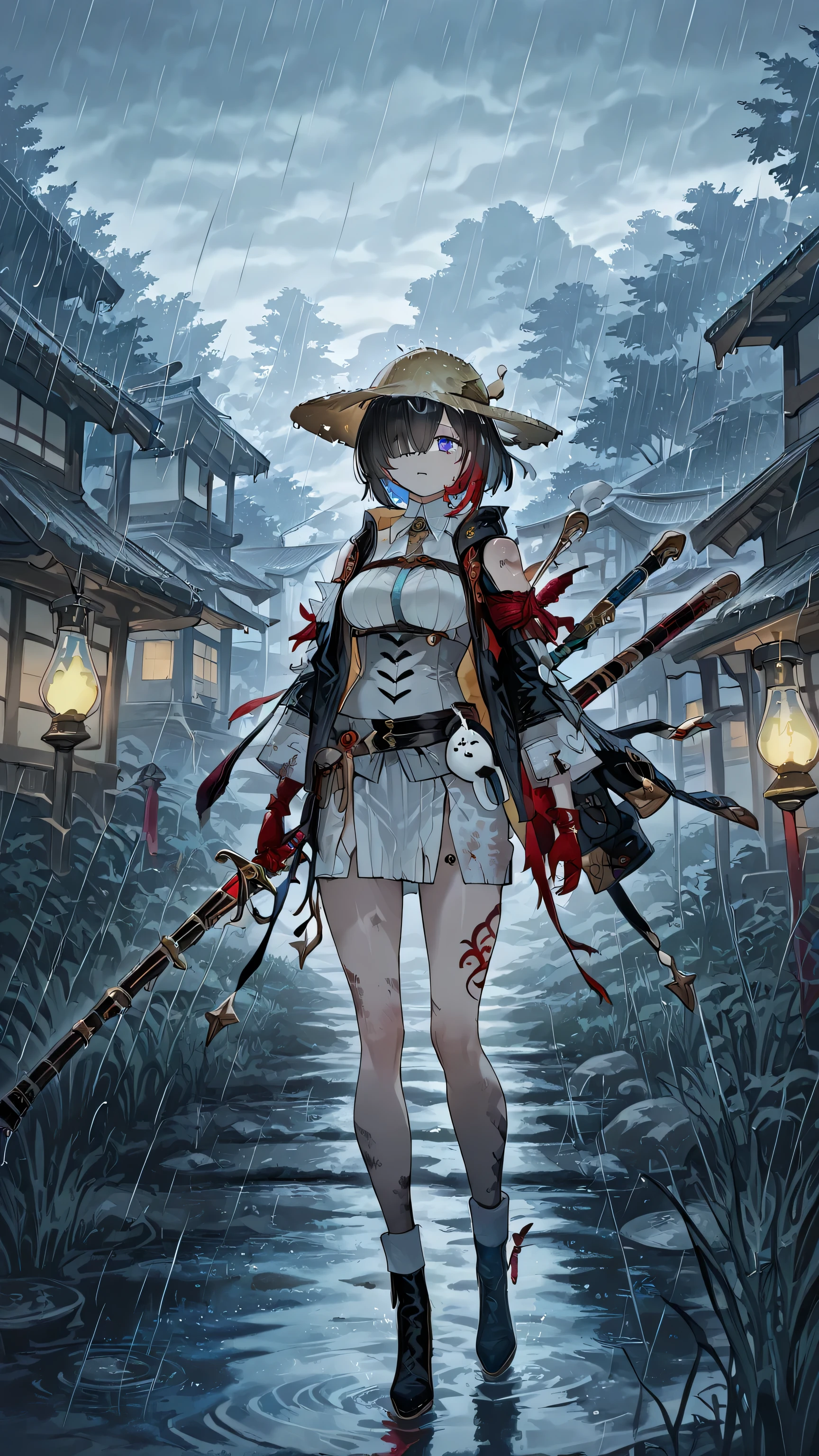 Ghost of Yotei warrior with a Katarina in her hand while Katarina is covered in blood: A highly detailed digital painting of a Ghost of Yotei warrior with a Katarina in her hand while Katarina is covered in blood, confidently standing with Katarina in blood. She wears samurai clothing with holes, broken clothes, dirty blood on them, and a dirty Japanese straw hat that blends seamlessly with the fabric. Her expression is fierce yet graceful, combining beauty with strength. The background is a thunderstorm, Japanese landscape, rice fields, gloomy mood, and rain, painted with bold brushstrokes and surrounded by Japanese calligraphy and parchment textures. Ink splashes blend into the scene, combining traditional ukiyo-e aesthetics with modern tattoo art and dragon tattoos. Ultra-detailed, cinematic lighting, an orange and black color palette, and a poster-like composition.