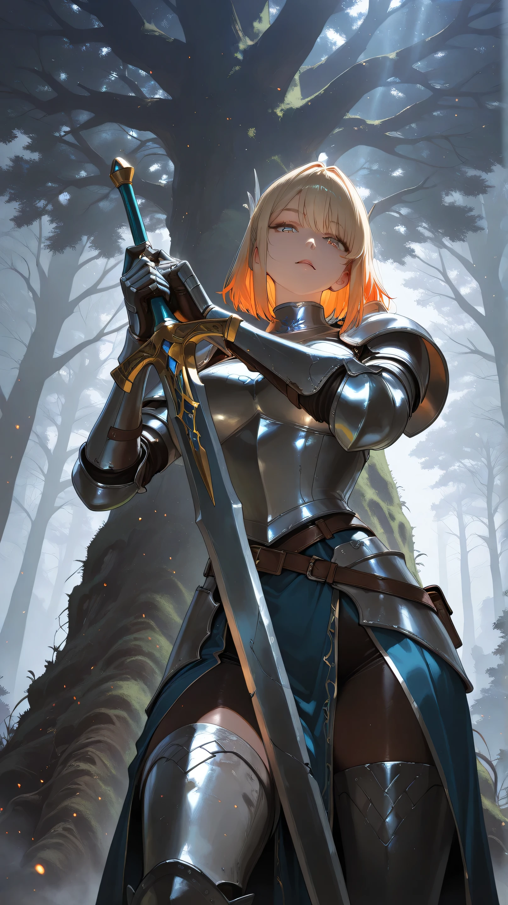 1girl , solo , paladin girl , The scene where the rusted sword was pulled from the roots of a giant ancient tree , A rusty old sword covered in moss, hinting at its long abandonment , from below ,
break , aiming a rusted sword at viewer , streaks of oxidation , realistic corrosion patterns , break ,
( ambient occlusion:0.9 ) , masterpiece , best quality , ultra-detailed , high resolution , extremely detailed CG , unity 8k wallpaper , super detailed skin , perfect anatomy , detailed beautiful face , detailed beautiful eyes , highres , chiaroscuro , highly detailed background , elaborately designed clothes , dramatic lighting , dramatic angle , light particles , ARW ,