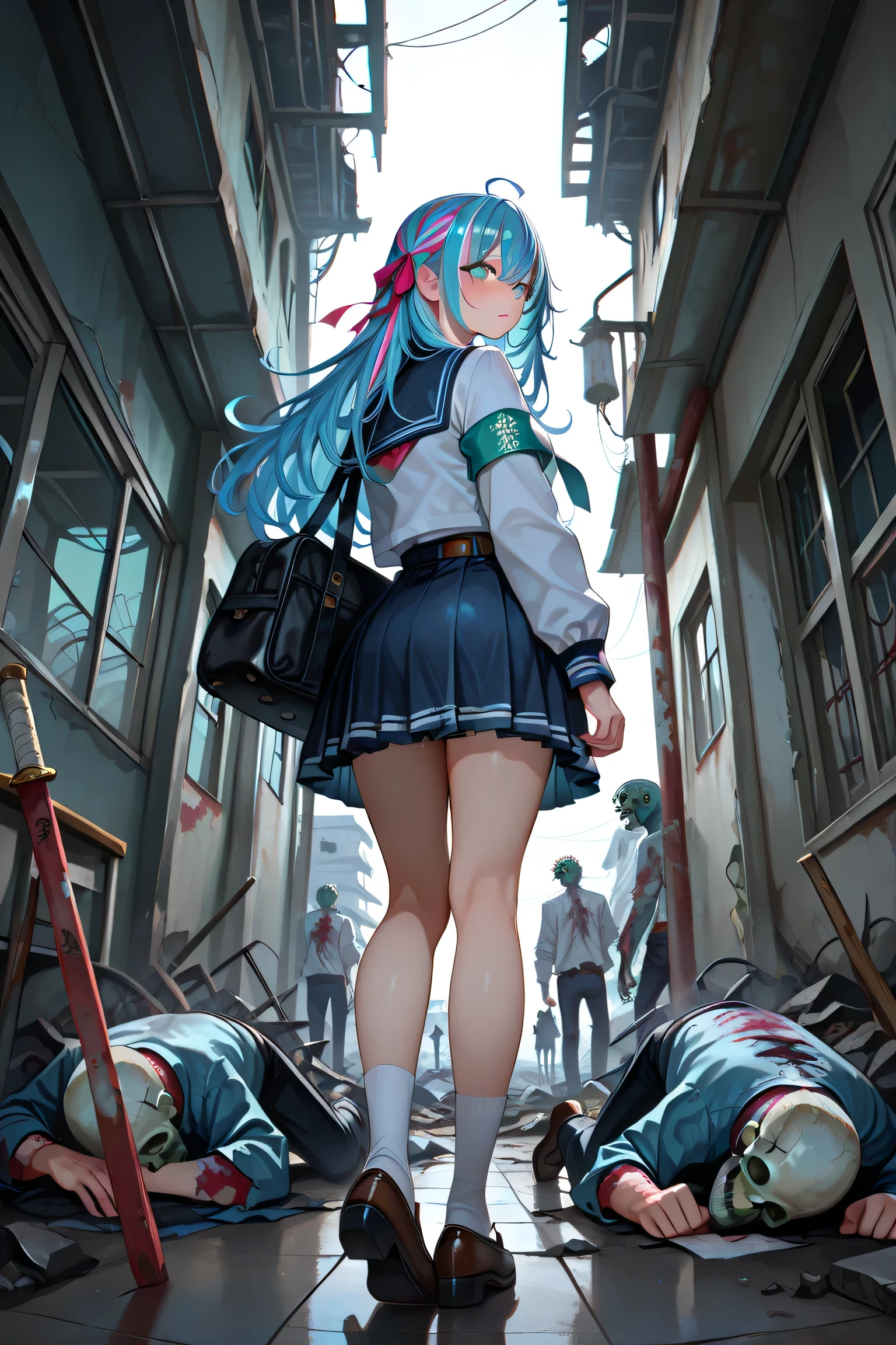 masterpiece, Highest Quality, Amazing Quality, with a perfect face, highest resolution, 8k, anime-style images, (((detailed eyes, Clear eyes))), 1girl, solo, one chibi girl, 「SeaArt」armband with the letters, belt that is large at the waist and has a round swirl pattern in the middle, large on the waist with a round swirl pattern in the middle {x} short standing red rabbit headband with white lines, blue dress, follow-cam, Tracking Shot, First person view, dynamic pose, Low-angle, fluffy atmosphere, (full body), dynamic pose, Back view, turning away, looking back, Zombie, zombie panic, zombie panic movie, zombie horror, school overrun by zombies, abandoned school, abandoned school building, dilapidated schoolyard, school building filled with zombies, school where all the students have become zombies, collapsed school building, dilapidated school, school building with collapsed walls, girl exploring school, rubble, spider web, daytime, destroyed school, school filled with zombies, ruins, Exploration, Zombie School, Abandoned Zombie School, Collapsed Building, Bare Skeleton Building, (((clear contrast between light and dark, cool color image))), Ryugu Unotsukai Musume, Blue hair, (White two-striped hair), swirling idiot hair, Long Hair, large swirl pendant with ribbon on chest