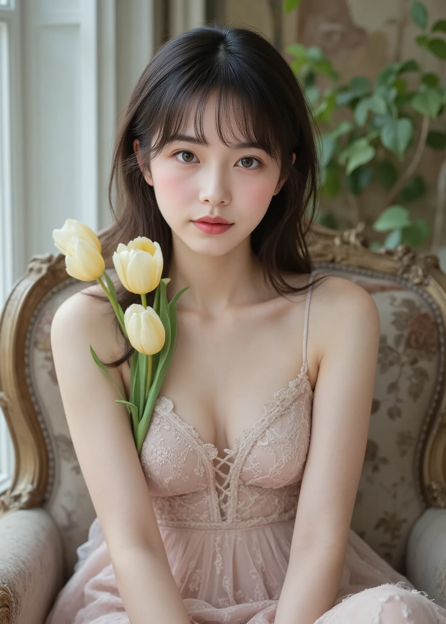A woman sitting on a chair in an elegant style. She was wearing a pale pink lace dress、holding pale yellow tulips in her hands. green tree in the background々and murals, kind, Refined Space. The exterior and interior are classical style, In addition to the warm atmosphere, there are lots of