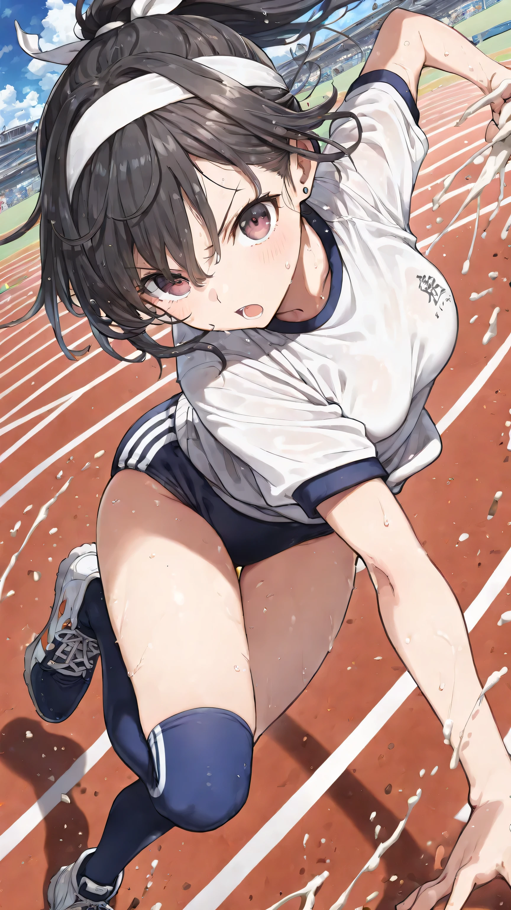 (masterpiece:1.2), (top quality), (beautiful detailed eyes:1.2), ((1 beautiful woman)), (beautiful background:1.2), (highly detailed CG), (ultra detailed), (very detailed and beautiful:1.1), (perfect details:1.1), (stunning illustration),((masterpiece)), ((best quality)), ((ultra-detailed)), (ARTIST:imigimuru :1),
,long black hair、 White Hachimaki、 short tops、 blue bloomer 、 blue thigh high socks、 sports boots、 speedline,Action Pose , dynamic angle , close-up , from above,Run on track and field moon,Excessive production of light and wind, (school ground:1.1),gym uniform, gym shirts,(((white t-shirts))),(((navy blue buruma))), wide dirt field, white chalk lines on ground, goalposts in distance, open sky