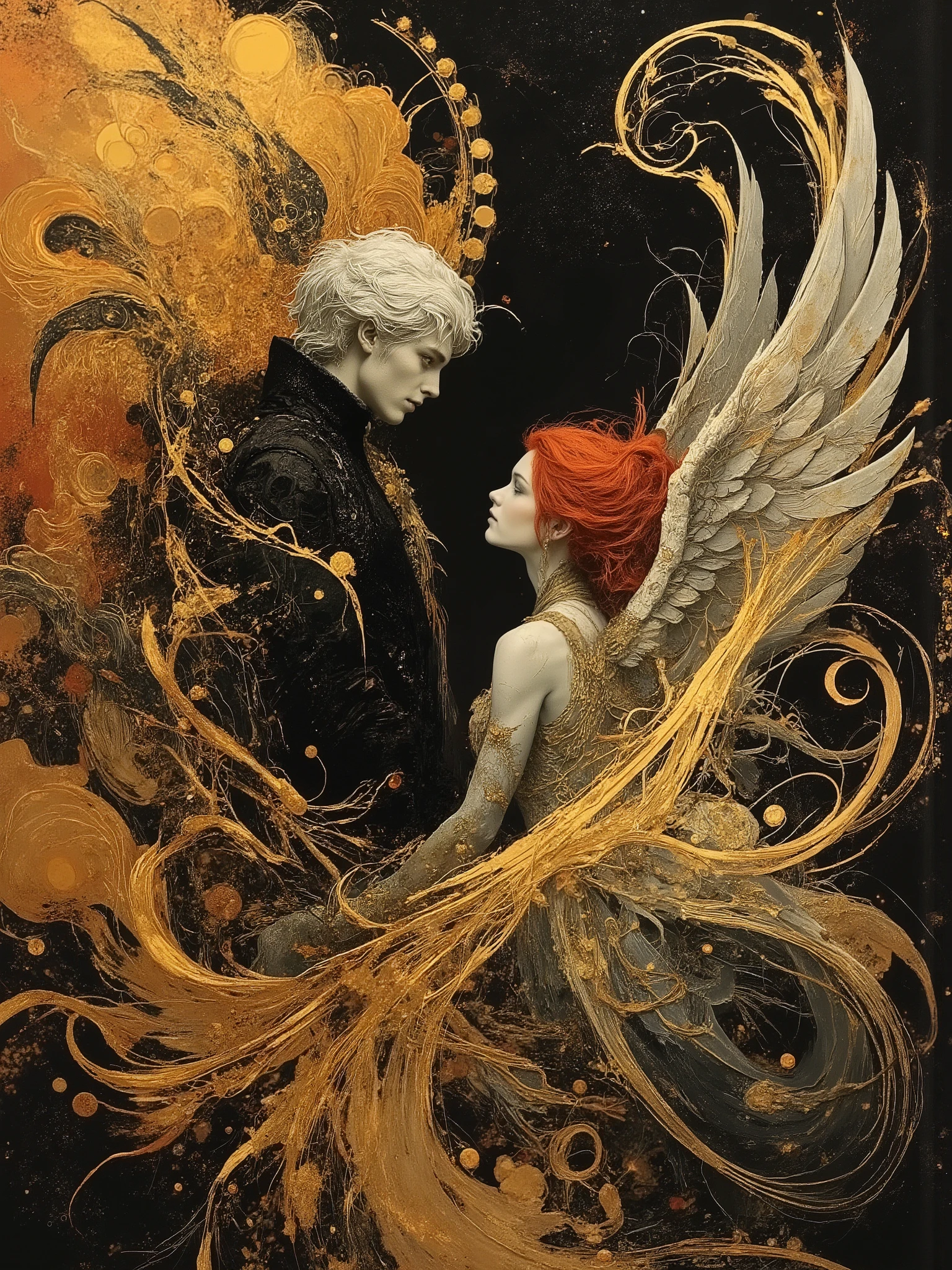 (masterpiece),(Highest quality),(Super detailed),(Ultra-high resolution) , (Best illustrations), 32k, an ancient luxurious temple,dynamic lights, shiny, glitter
Done in a balanced and vivid impressionist style symbolizing harmony of opposites ((and the search for spiritual transcendence through practicing mindfulness of self and psychological clarity, or learning philosophical reason logic and truth, as well as coming to terms with the metaphysical laws of our existence. In a word, wholeness with the true source.))
A captivating portrait shows an angel and a demon in staring at each other and enraptured. On the left appearing 40, a handsome aquiline looking man with short stylish white hair and a wry expression wears a dark, fancy high-collared coat and other expensive but tasteful accoutrements. He has silver and white feathered wings and a faint glowing halo, symbolizing his angelic nature. On the right looking no more than 28 years old, a beautiful pale skinned woman short of stature with long, red hair is seen wearing a roguish grin and dressed in an eclectic blend ((of street, grunge, secondhand and 1st hand designer finery and God only knows, each piece used to highlight her sensual, seductive nature)) that somehow matches in some bizarre way. She has fiery raven wings, with flames rising behind her, figures are facing each other, their intense gazes creating a powerful contrast between light and darkness and a shocking truth, they long to touch one another and their look is full of love. Massive energies whirl around these 2 and an eclipse of the Sun heralds their union with a foreboding air. Done in a balanced and vivid impressionist style symbolizing harmony of opposites ((and the search for spiritual transcendence through practicing mindfulness of self and psychological clarity, or learning philosophical reason logic and truth, as well as coming to terms with the metaphysical laws of our existence. In a word, wholeness with the true source.))