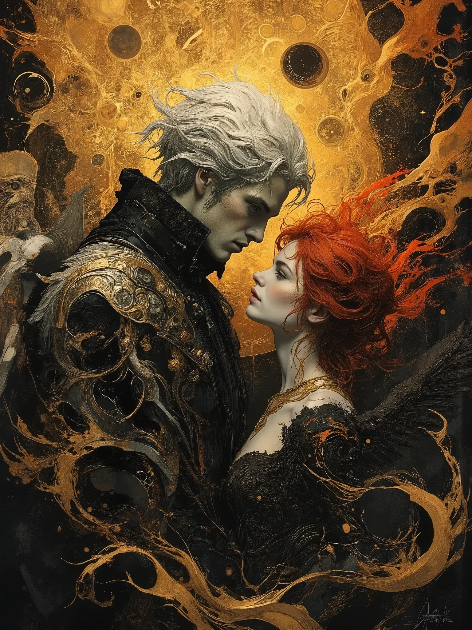 (masterpiece),(Highest quality),(Super detailed),(Ultra-high resolution) , (Best illustrations), 32k, an ancient luxurious temple,dynamic lights, shiny, glitter
Done in a balanced and vivid impressionist style symbolizing harmony of opposites ((and the search for spiritual transcendence through practicing mindfulness of self and psychological clarity, or learning philosophical reason logic and truth, as well as coming to terms with the metaphysical laws of our existence.  In a word, wholeness with the true source.))
A captivating portrait shows an angel and a demon in staring at each other and enraptured. On the left appearing 40, a handsome aquiline looking man with short stylish white hair and a wry expression wears a dark, fancy high-collared coat and other expensive but tasteful accoutrements. He has silver and white feathered wings and a faint glowing halo, symbolizing his angelic nature. On the right looking no more than 28 years old, a beautiful pale skinned woman short of stature with long, red hair is seen wearing a roguish grin and dressed in an eclectic blend ((of street, grunge, secondhand and 1st hand designer finery and God only knows, each piece used to highlight her sensual, seductive nature)) that somehow matches in some bizarre way. She has fiery raven wings, with flames rising behind her, figures are facing each other, their intense gazes creating a powerful contrast between light and darkness and a shocking truth, they long to touch one another and their look is full of love. Massive energies whirl around these 2 and an eclipse of the Sun heralds their union with a foreboding air. Done in a balanced and vivid impressionist style symbolizing harmony of opposites ((and the search for spiritual transcendence through practicing mindfulness of self and psychological clarity, or learning philosophical reason logic and truth, as well as coming to terms with the metaphysical laws of our existence.  In a word, wholeness with the true source.))


