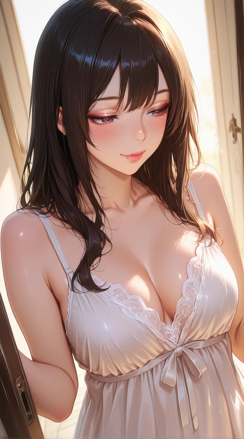 (masutepiece: 1.3), (max resolution: 1.2), (Ultra HDTV: 1.2), cinematric light, Ultra HDTV, (Detailed eyes and skin), (detailed facial features), nffsw, 8K resolution, Sharp Focus: 1.2, Perfect Style, Beautiful face, Perfect body, acurate, Anatomically correct, Highly detailed face and skin texture, Detailed eyes, Dark-blue eyes, Double eyelids, Thin eyebrows, Glitter Eyeliner: 1.2, Natural cheeks, Glossy skin, Fair skin: 1.2, shiny little necklace and earrings, (Glossy lips: 1.4), BREAK, One-person viewpoint, (She is a very cute female teacher), (Pink lace panties、Pink lace bra), (Seductive smile: 1.2), ((a Innocent and cute girl:1.3)), (Long Wave Hair), (ligh brown hair:1.2),  (Cowboy Shot: 1.2), BREAK, ((Very intimate relationships: 1.2)), medium ?????????????, ((Looking at Viewer:1.2)), ((Hot spring trip:1.2)), ((Bend your knees and open your ?????????:1.2)), (From Side:1.2),low  angle shot,FULL BODYSHOT　Tight sweater with long sleeves in bright colors　Embarrassed look　Kamimei