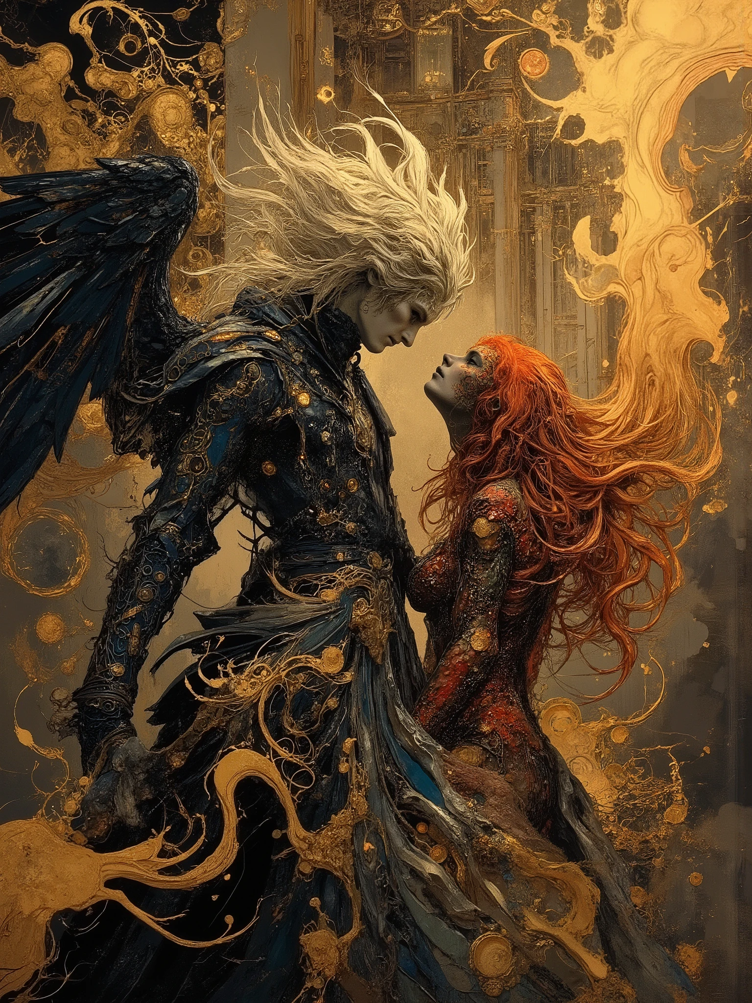 (masterpiece),(Highest quality),(Super detailed),(Ultra-high resolution) , (Best illustrations), 32k, an ancient luxurious temple,dynamic lights, shiny, glitter
Done in a balanced and vivid impressionist style symbolizing harmony of opposites ((and the search for spiritual transcendence through practicing mindfulness of self and psychological clarity, or learning philosophical reason logic and truth, as well as coming to terms with the metaphysical laws of our existence. In a word, wholeness with the true source.))
A captivating portrait shows an angel and a demon in staring at each other and enraptured. On the left appearing 40, a handsome aquiline looking man with short stylish white hair and a wry expression wears a dark, fancy high-collared coat and other expensive but tasteful accoutrements. He has silver and white feathered wings and a faint glowing halo, symbolizing his angelic nature. On the right looking no more than 28 years old, a beautiful pale skinned woman short of stature with long, red hair is seen wearing a roguish grin and dressed in an eclectic blend ((of street, grunge, secondhand and 1st hand designer finery and God only knows, each piece used to highlight her sensual, seductive nature)) that somehow matches in some bizarre way. She has fiery raven wings, with flames rising behind her, figures are facing each other, their intense gazes creating a powerful contrast between light and darkness and a shocking truth, they long to touch one another and their look is full of love. Massive energies whirl around these 2 and an eclipse of the Sun heralds their union with a foreboding air. Done in a balanced and vivid impressionist style symbolizing harmony of opposites ((and the search for spiritual transcendence through practicing mindfulness of self and psychological clarity, or learning philosophical reason logic and truth, as well as coming to terms with the metaphysical laws of our existence. In a word, wholeness with the true source.))