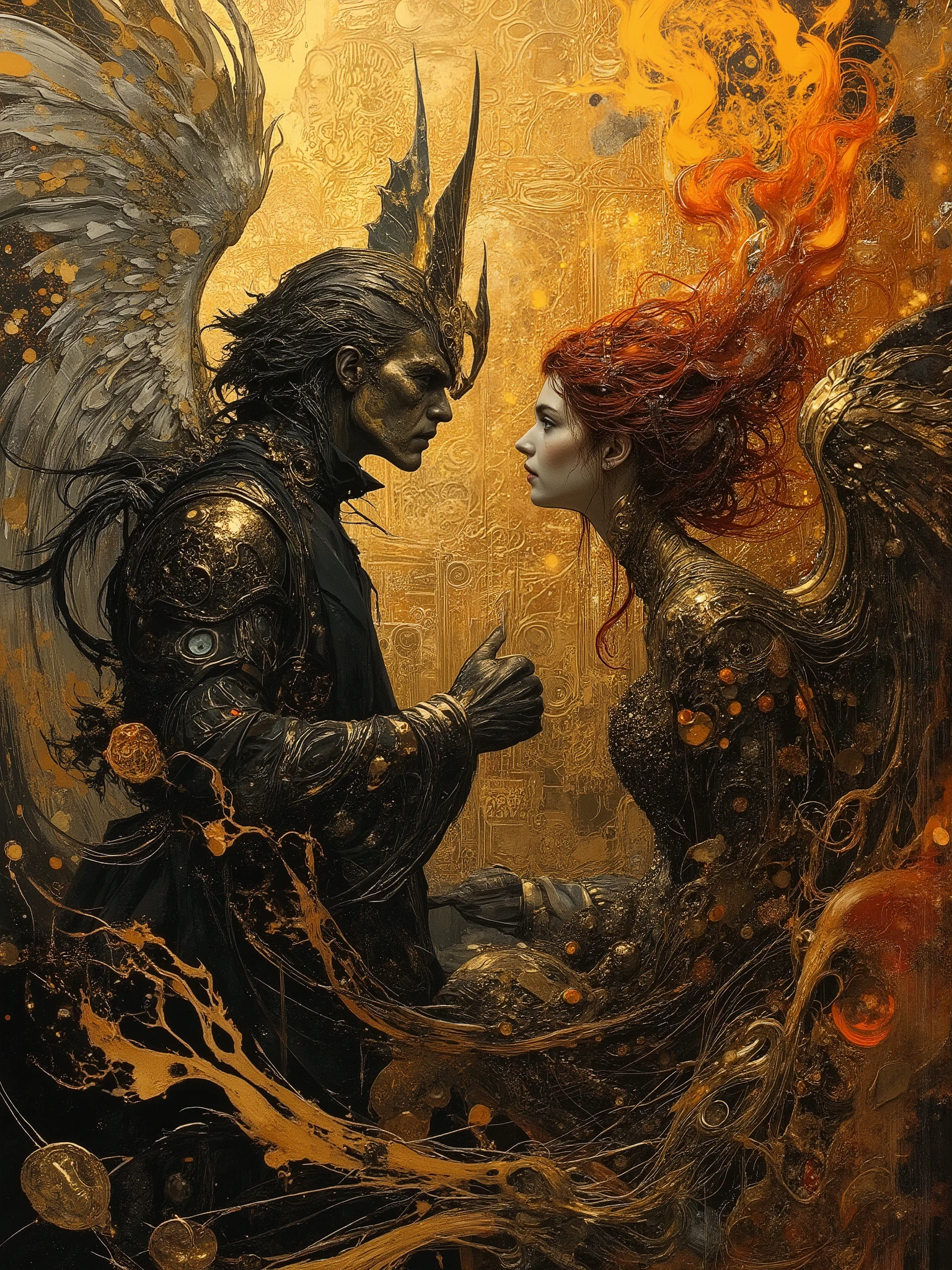 (masterpiece),(Highest quality),(Super detailed),(Ultra-high resolution) , (Best illustrations), 32k, an ancient luxurious temple,dynamic lights, shiny, glitter
Done in a balanced and vivid impressionist style symbolizing harmony of opposites ((and the search for spiritual transcendence through practicing mindfulness of self and psychological clarity, or learning philosophical reason logic and truth, as well as coming to terms with the metaphysical laws of our existence. In a word, wholeness with the true source.))
A captivating portrait shows an angel and a demon in staring at each other and enraptured. On the left appearing 40, a handsome aquiline looking man with short stylish white hair and a wry expression wears a dark, fancy high-collared coat and other expensive but tasteful accoutrements. He has silver and white feathered wings and a faint glowing halo, symbolizing his angelic nature. On the right looking no more than 28 years old, a beautiful pale skinned woman short of stature with long, red hair is seen wearing a roguish grin and dressed in an eclectic blend ((of street, grunge, secondhand and 1st hand designer finery and God only knows, each piece used to highlight her sensual, seductive nature)) that somehow matches in some bizarre way. She has fiery raven wings, with flames rising behind her, figures are facing each other, their intense gazes creating a powerful contrast between light and darkness and a shocking truth, they long to touch one another and their look is full of love. Massive energies whirl around these 2 and an eclipse of the Sun heralds their union with a foreboding air. Done in a balanced and vivid impressionist style symbolizing harmony of opposites ((and the search for spiritual transcendence through practicing mindfulness of self and psychological clarity, or learning philosophical reason logic and truth, as well as coming to terms with the metaphysical laws of our existence. In a word, wholeness with the true source.))