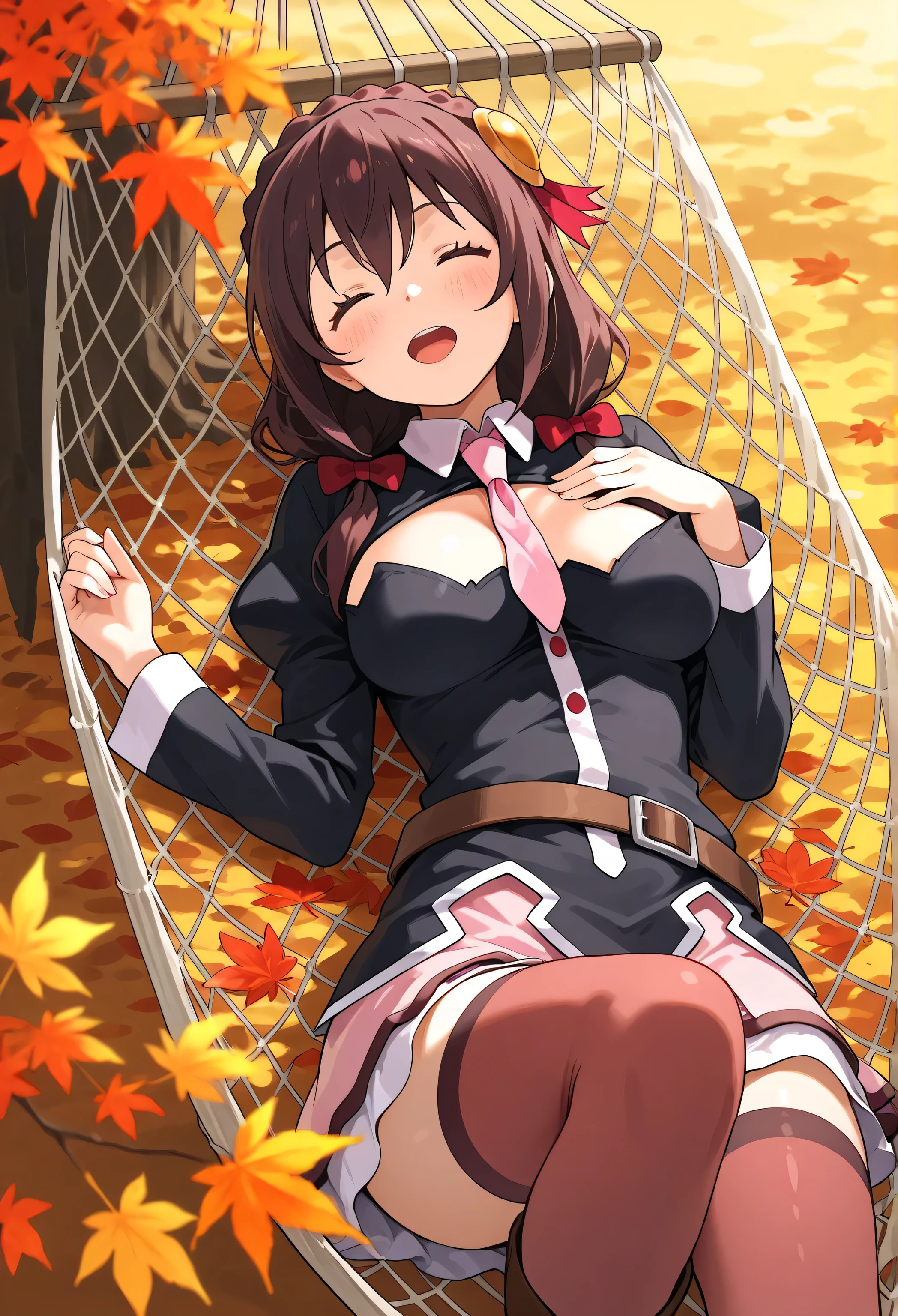 Yunyun konosuba,,smile,(Open His Mouth)、blush、autumn leaves、(hammockに寝転んでる)、outside、hammock、 Highest Quality、smile、autumn leavesが舞ってる、Looking up、I'm moved、is fascinating、view from above、Extend one hand toward Momiji in a sleeping position