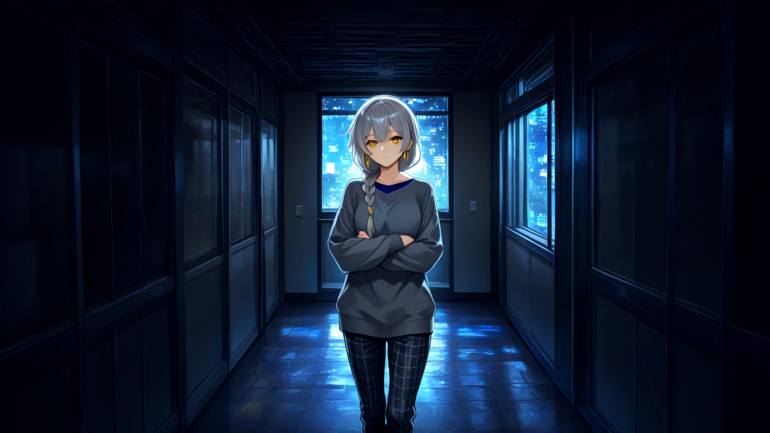 (masterpiece, 32k, 8k, white laboratory corridor setting, character walking towards the viewer) woman, 30s, naturally beautiful face, blank expression, cyberpunk style clothing, ((eyes of different colors, one blue eye and the other gray eye))