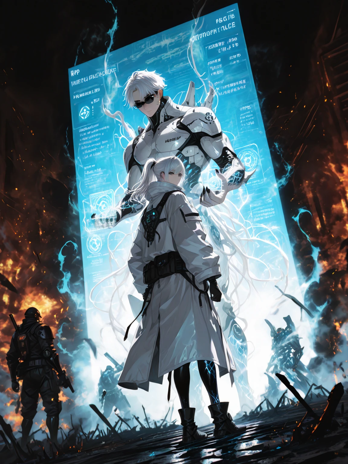 (Mecha Old Man: 1.2), bangs, white hair, half-human, half-mech, solo, (Tech City 1.2), trending on artstation, 8k resolution, very detailed, clear images, digital painting, concept art, fashion trends on pixiv, Makoto Shinkai's style,