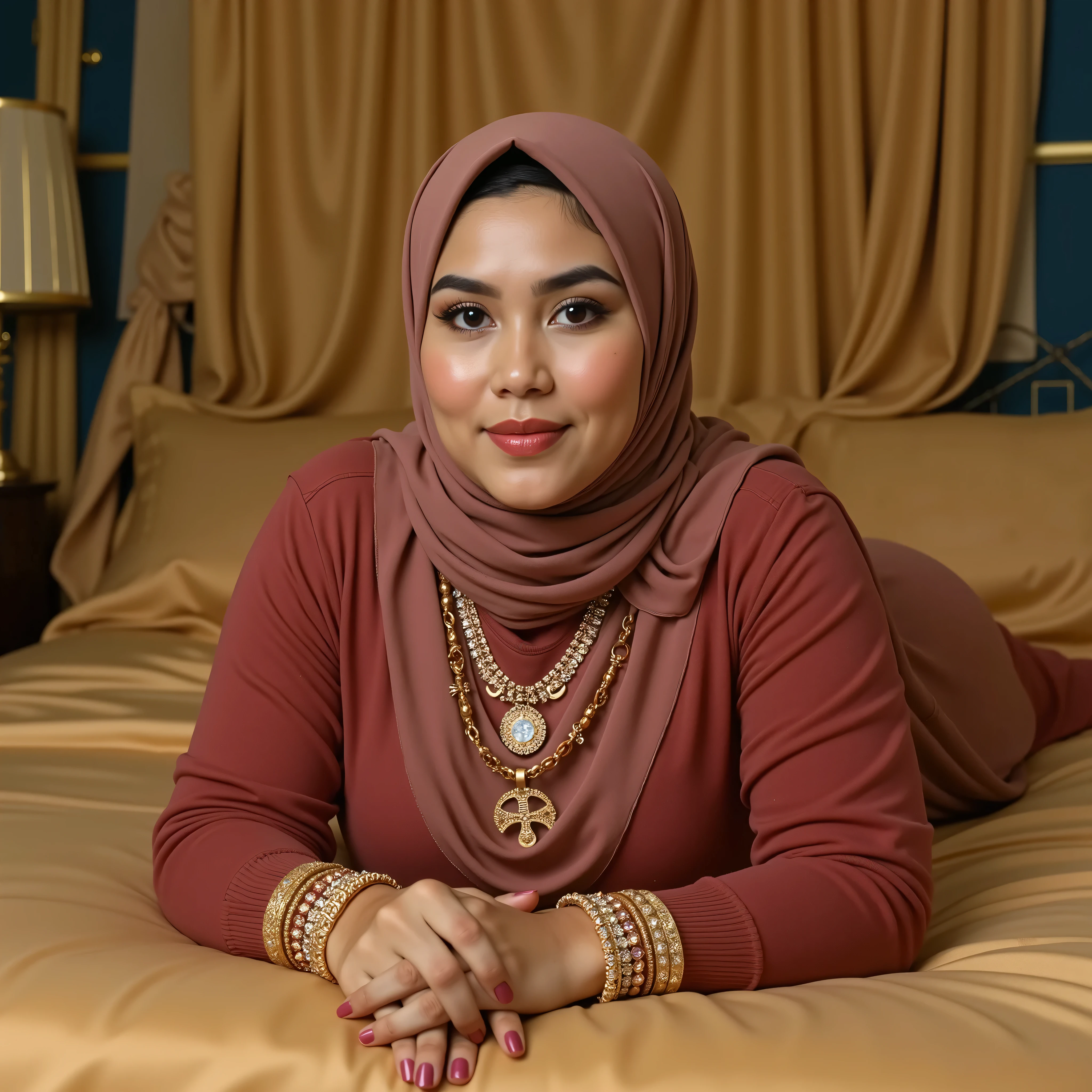 A plump, fair-skinned Javanese woman wearing a hijab, lay on a bed in a luxurious, exotic room. Her were wide. The Javanese woman was 54 years old. She wore many gold bracelets and necklaces studded with jewels. The floor was exotically designed. It was covered with silk. The gold fabric on the floor shimmered with luxury. Her eyes were sleepy. Her eyes were staring at us. It was already night. There were several nightgowns lying on the floor. Gold curtains hung on the walls.
