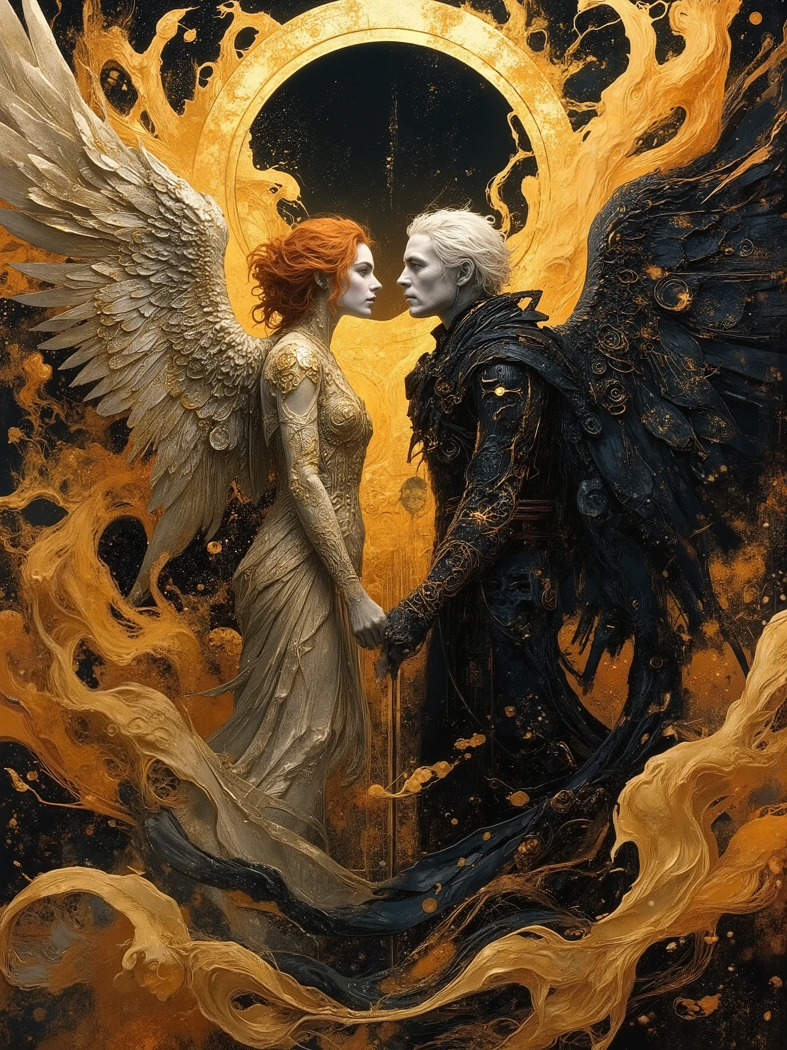 (masterpiece),(Highest quality),(Super detailed),(Ultra-high resolution) , (Best illustrations), 32k, an ancient luxurious temple,dynamic lights, shiny, glitter
Done in a balanced and vivid impressionist style symbolizing harmony of opposites ((and the search for spiritual transcendence through practicing mindfulness of self and psychological clarity, or learning philosophical reason logic and truth, as well as coming to terms with the metaphysical laws of our existence. In a word, wholeness with the true source.))
A captivating portrait shows an angel and a demon in staring at each other and enraptured. On the left appearing 40, a handsome aquiline looking man with short stylish white hair and a wry expression wears a dark, fancy high-collared coat and other expensive but tasteful accoutrements. He has silver and white feathered wings and a faint glowing halo, symbolizing his angelic nature. On the right looking no more than 28 years old, a beautiful pale skinned woman short of stature with long, red hair is seen wearing a roguish grin and dressed in an eclectic blend ((of street, grunge, secondhand and 1st hand designer finery and God only knows, each piece used to highlight her sensual, seductive nature)) that somehow matches in some bizarre way. She has fiery raven wings, with flames rising behind her, figures are facing each other, their intense gazes creating a powerful contrast between light and darkness and a shocking truth, they long to touch one another and their look is full of love. Massive energies whirl around these 2 and an eclipse of the Sun heralds their union with a foreboding air. Done in a balanced and vivid impressionist style symbolizing harmony of opposites ((and the search for spiritual transcendence through practicing mindfulness of self and psychological clarity, or learning philosophical reason logic and truth, as well as coming to terms with the metaphysical laws of our existence. In a word, wholeness with the true source.))