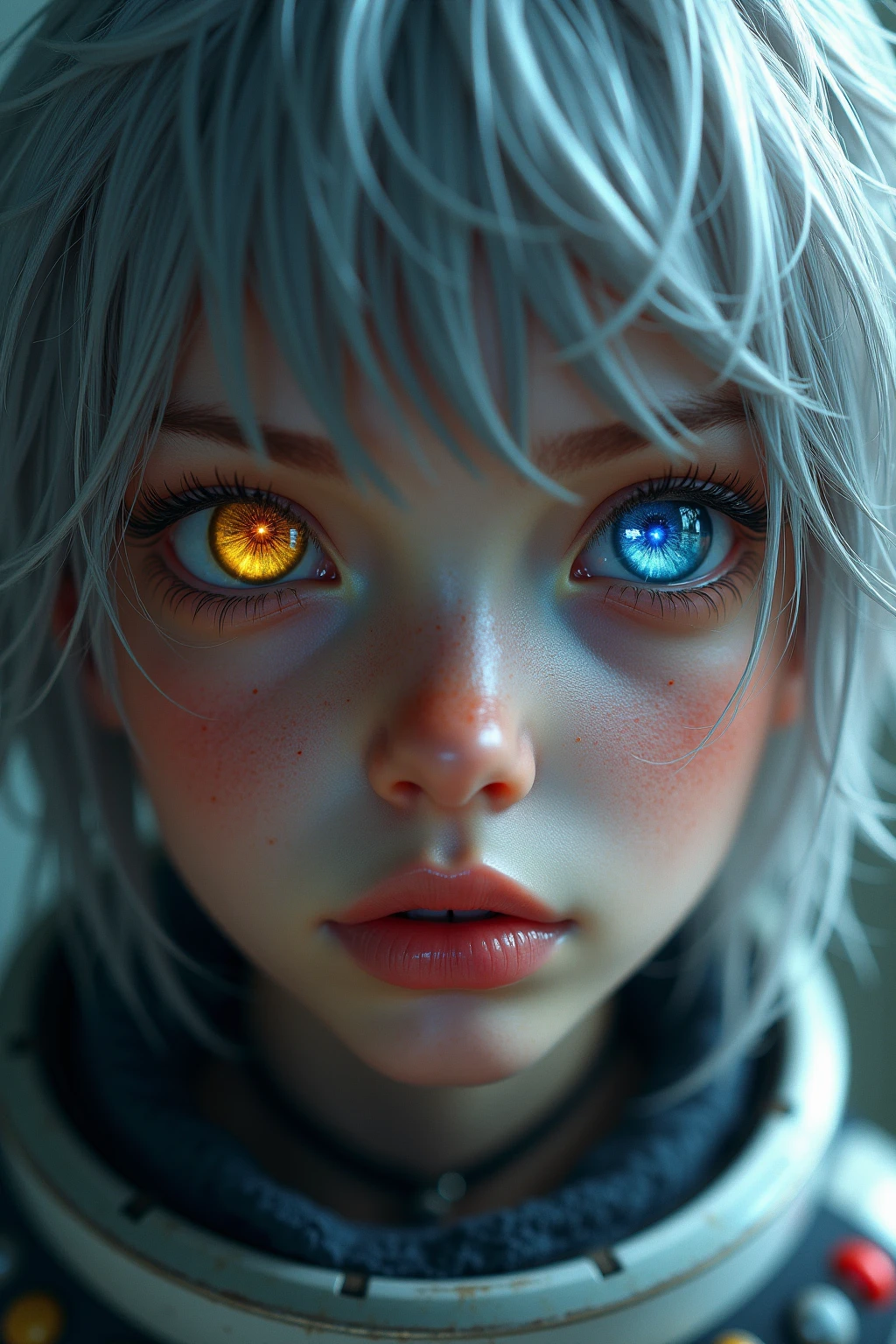 (Close-up of an excellent masterpiece:1.5)0.9]，(Space and astronauts:1.2) (Messy silver hair:1.1) (Heterochromatic eyes, yellow, blue eyes:1.2) (Casque spatial:1.0) (with colored stars in the eye:1.0) (Dazzling light:1.1) (Thick lip:0.9)