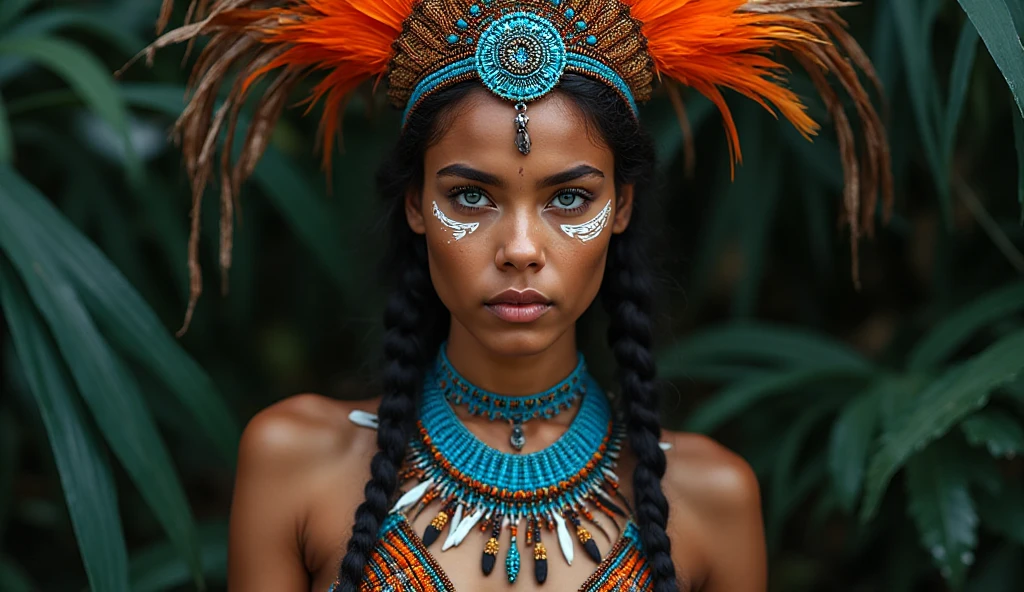 Wild Xavante India, extreme tanned skin, extreme long black hair messes over , huge macaw blue parrot feather headdress, big cheeks, long legs, , indigenous yellow and green painting, indigenous yellow and green facial painting, huge macaw blue parrot feather necklace, honey eyes, stocking