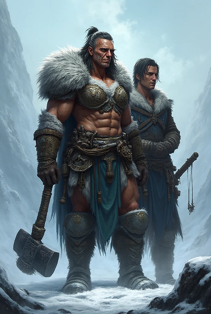 Vector design one black tatto Viking left arm, a full body muscular Viking man, muscular legs, holding just one big Viking sword in his right hand, perfect hands, brown hair parted with bangs, perfect realistic blue eyes, wearing warrior leather boot, wearing warrior boots, lake and mountains in the background.
