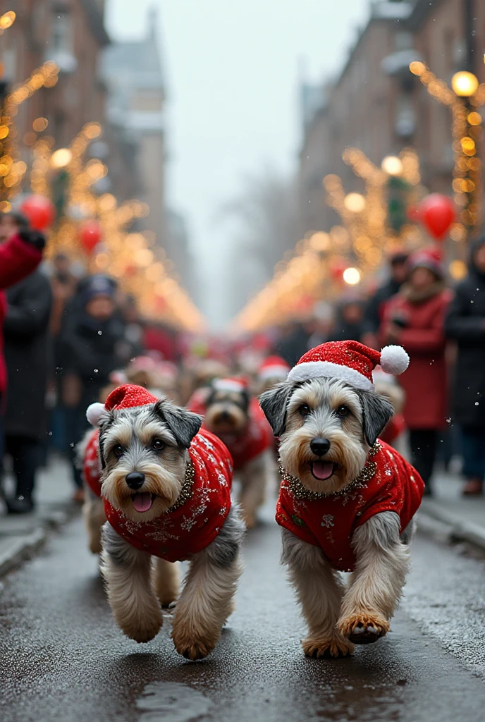 Two small black shih tzus wearing red sunglasses playing with sprinklers