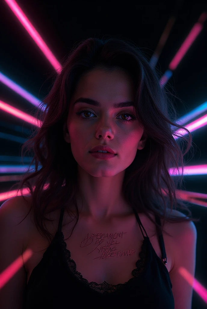 Fine art photograph of a blonde curvy girl (very busty, very pale skin(porcelain skin), in a dark forest, the blonde woman dressed in lack attire, stands amidst of ancient tree(their branches reaching, towards the sky). Her hands are holding(and touching)the glowing(Strong Neon-lights)-heart of the forest. Strong neon-lights illuminates her face(highlighting her pink-eyes. and bold pink-lips(heart-shaping lips)). Smirk face-expression. A subtle haze and a soft focus in the background. (((the image is in (Glowing Neon-lights colors, accent in black)colors theme)))
