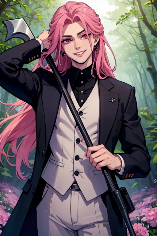 Jovem homem,meio elfo,bonito com cabelos brancos e rosa com os olhos na cor pink, tom de pele -claro, rpg de mesa, foto perfil, ultra-hd, estiloso,