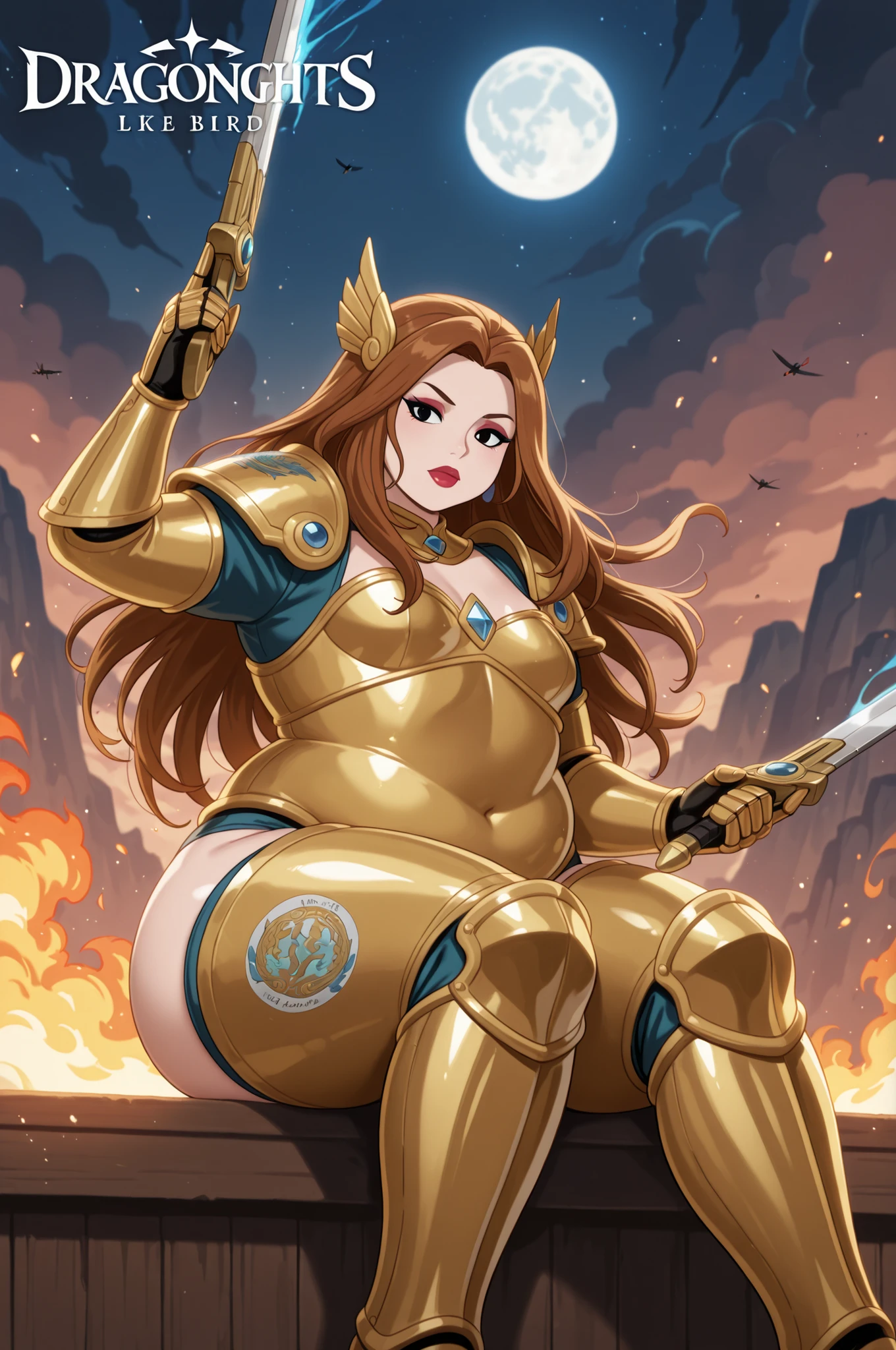 Debra, small . Pale red lipstick, brown hair, black eyes, pale red makeup, long hair, thick , chubby, overweight, chubby, fat, mature woman..| Photograph of a vinyl record cover titled "femboy of peace" by "DragonKnights", the text stylized like a metal band logo. The record is sitting on a wooden table. The cover features vibrant, stylized artwork of Scrat dressed in gold armor and wielding a pair of flaming swords running through a battlefield. The cover's background depicts an intense battle, explosions and fire lighting up the night sky. Dragons fly high overhead, breathing streams of fire onto the ground below. Tall mountains loom in the distance, partially obscuring the full moon behind them.